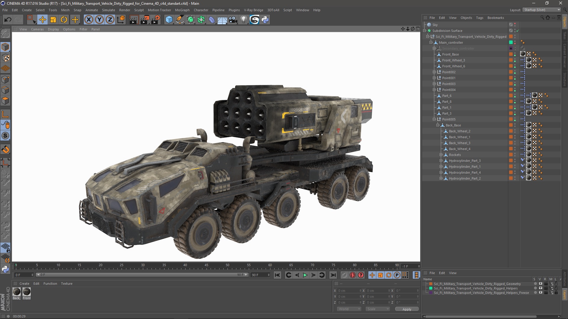 3D model Sci Fi Military Transport Vehicle Dirty Rigged for Cinema 4D