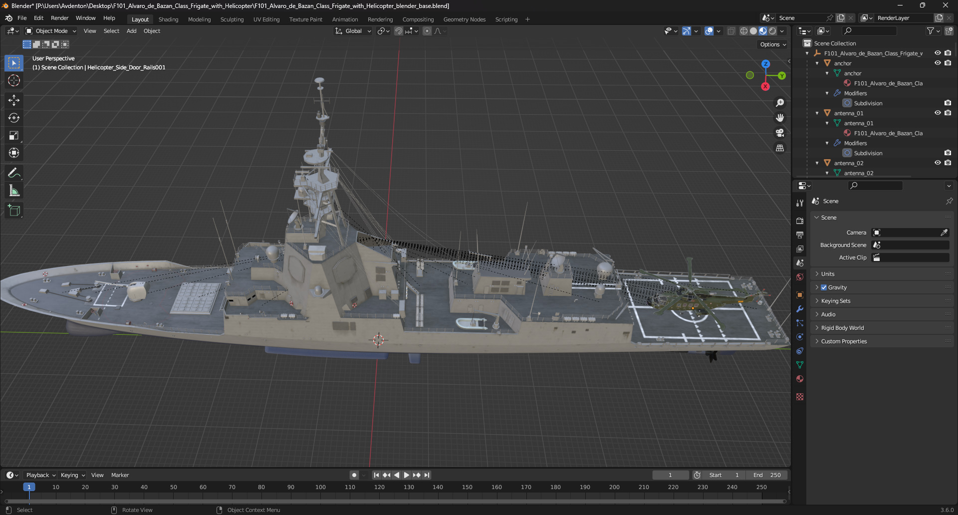 3D model F101 Alvaro de Bazan Class Frigate with Helicopter