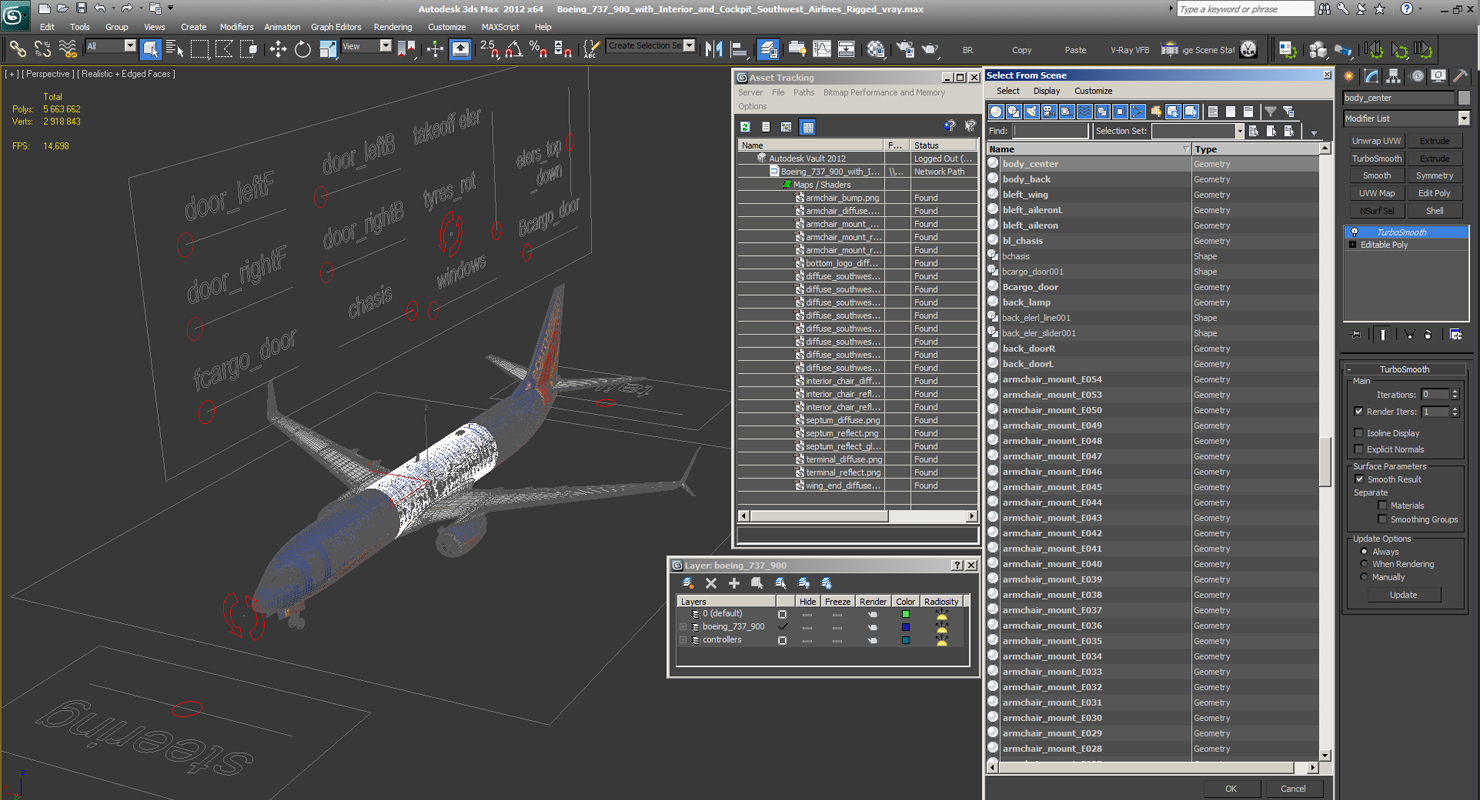 3D Boeing 737 900 with Interior and Cockpit Southwest Airlines Rigged