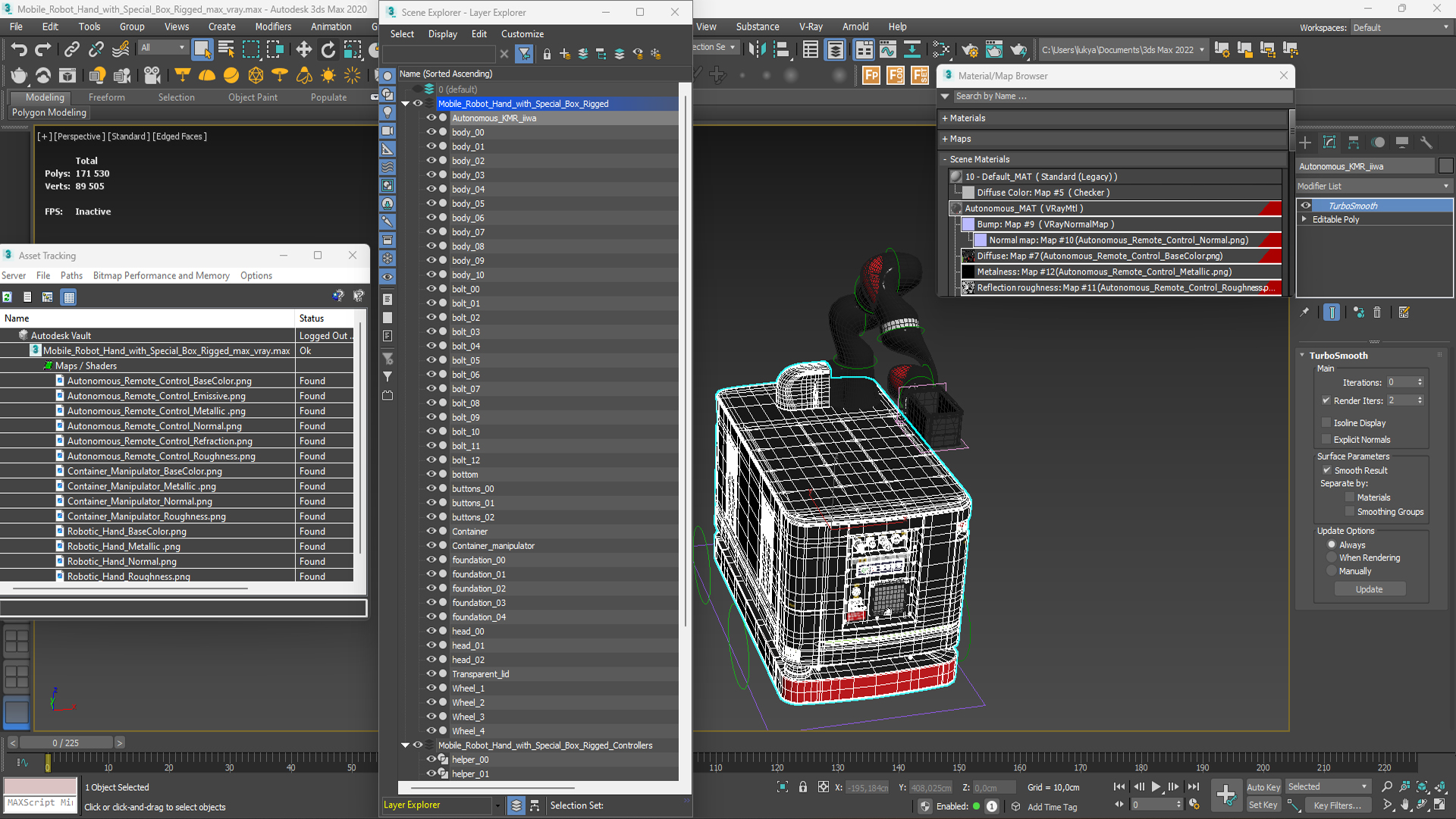 3D model Mobile Robot Hand with Special Box Rigged for Maya