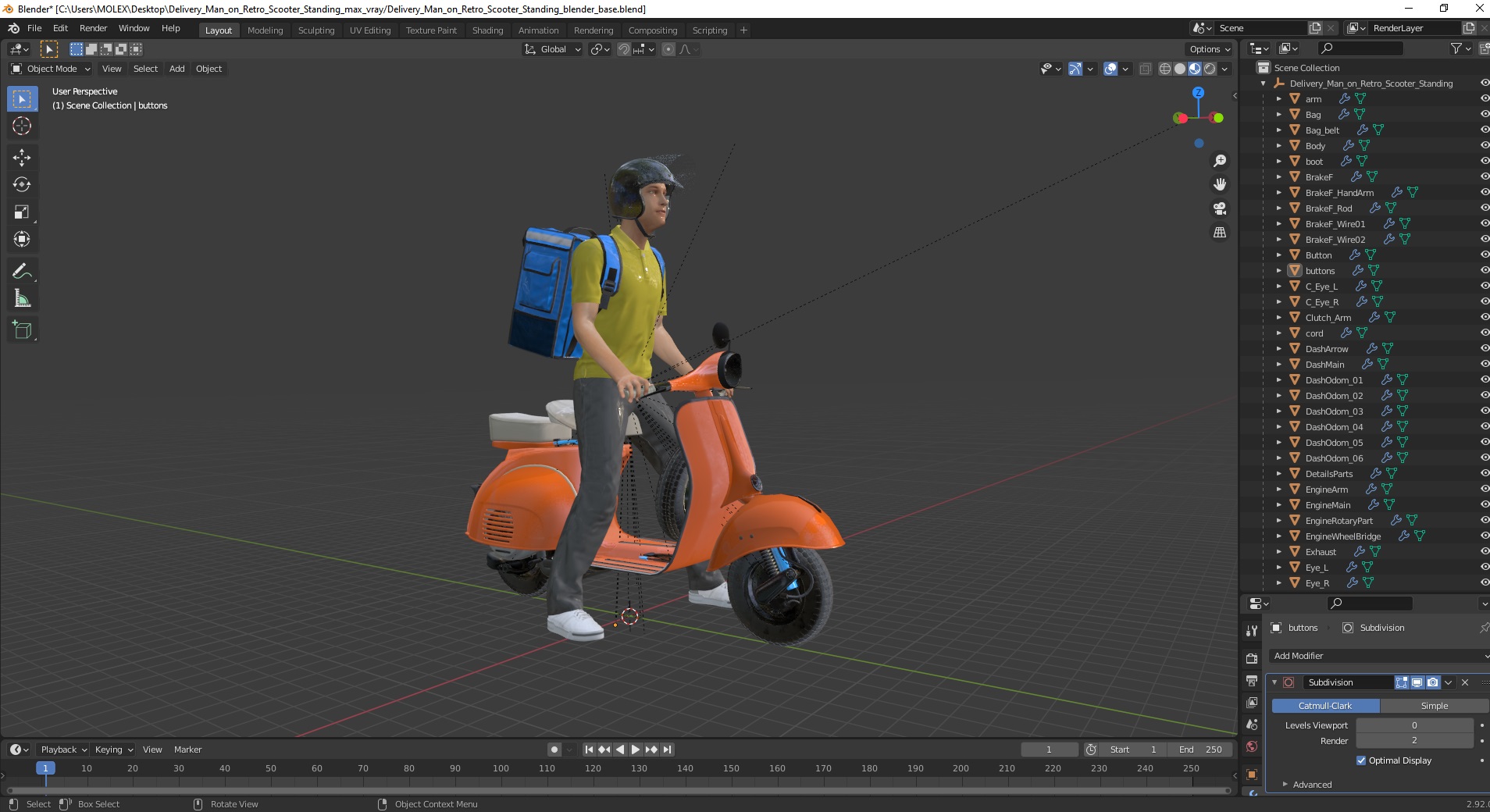 3D Delivery Man on Retro Scooter Standing model