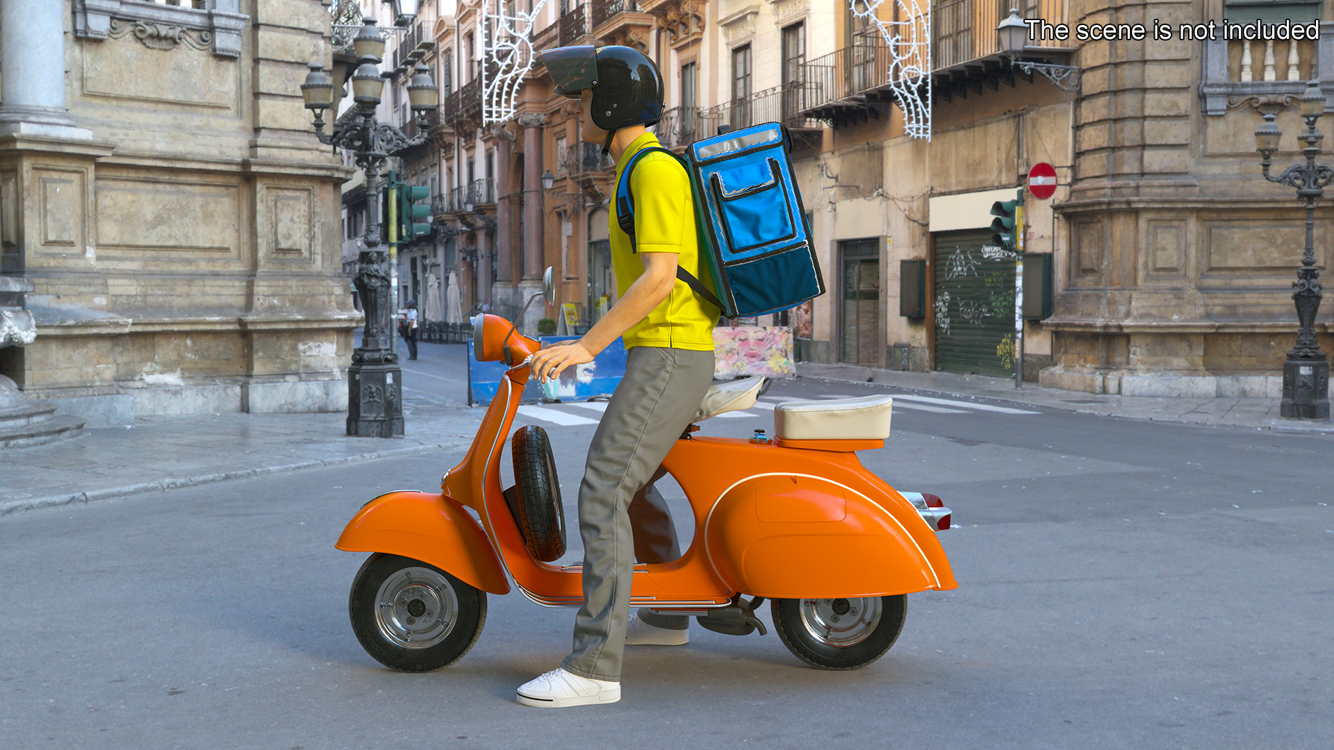 3D Delivery Man on Retro Scooter Standing model