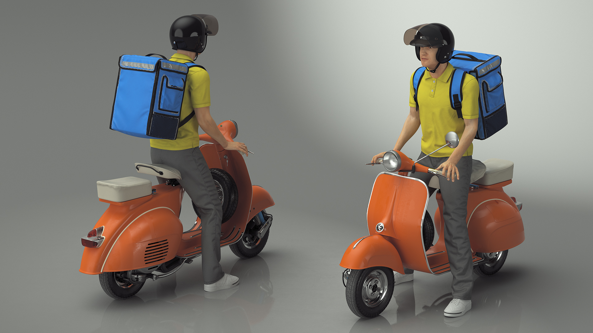 3D Delivery Man on Retro Scooter Standing model