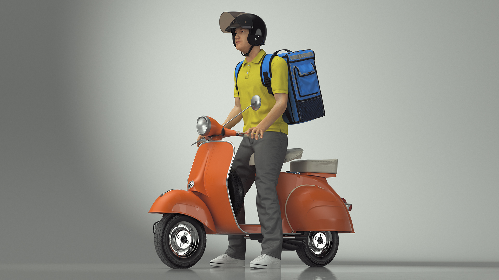 3D Delivery Man on Retro Scooter Standing model