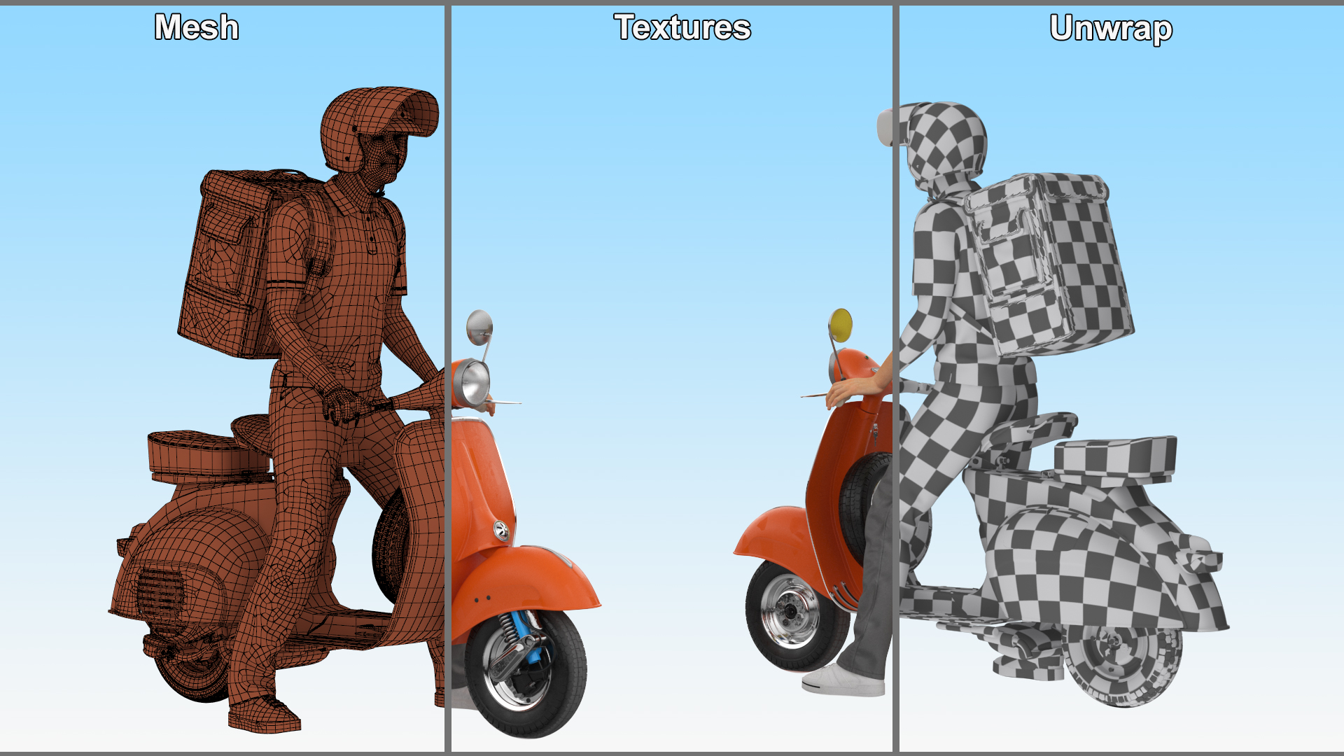 3D Delivery Man on Retro Scooter Standing model