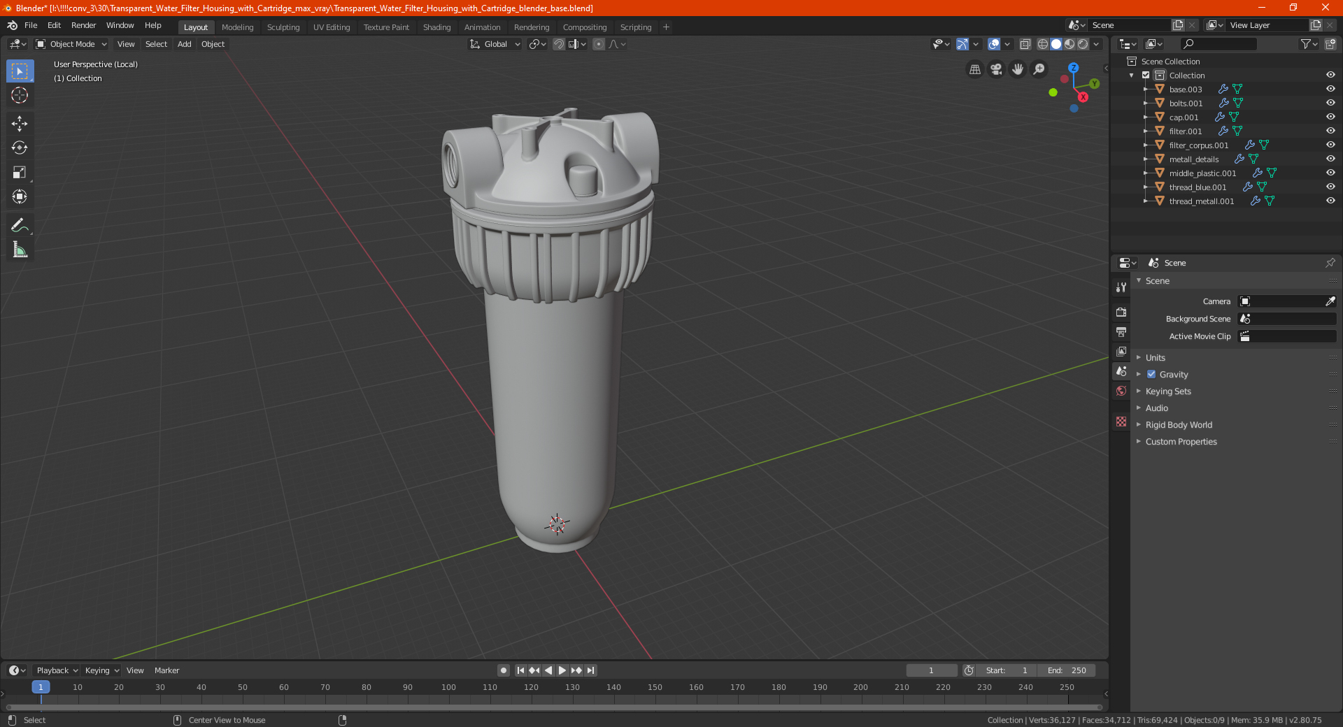 Transparent Water Filter Housing with Cartridge 3D