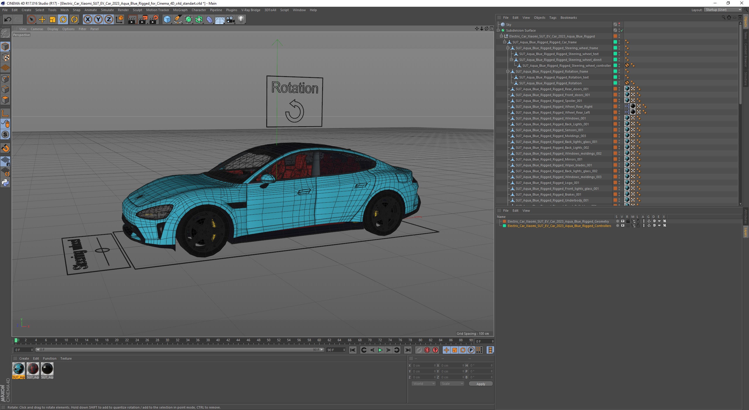 3D Electric Car Xiaomi SU7 EV Car 2023 Aqua Blue Rigged for Cinema 4D