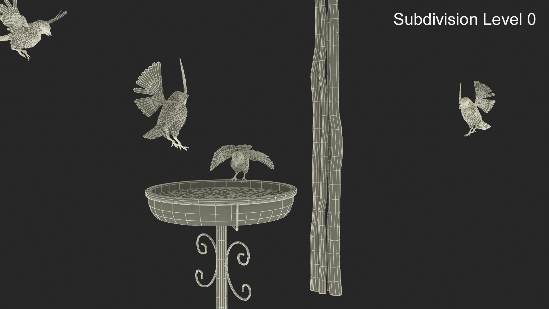 3D Birds Drink From A Birdbath In A Garden Gazebo