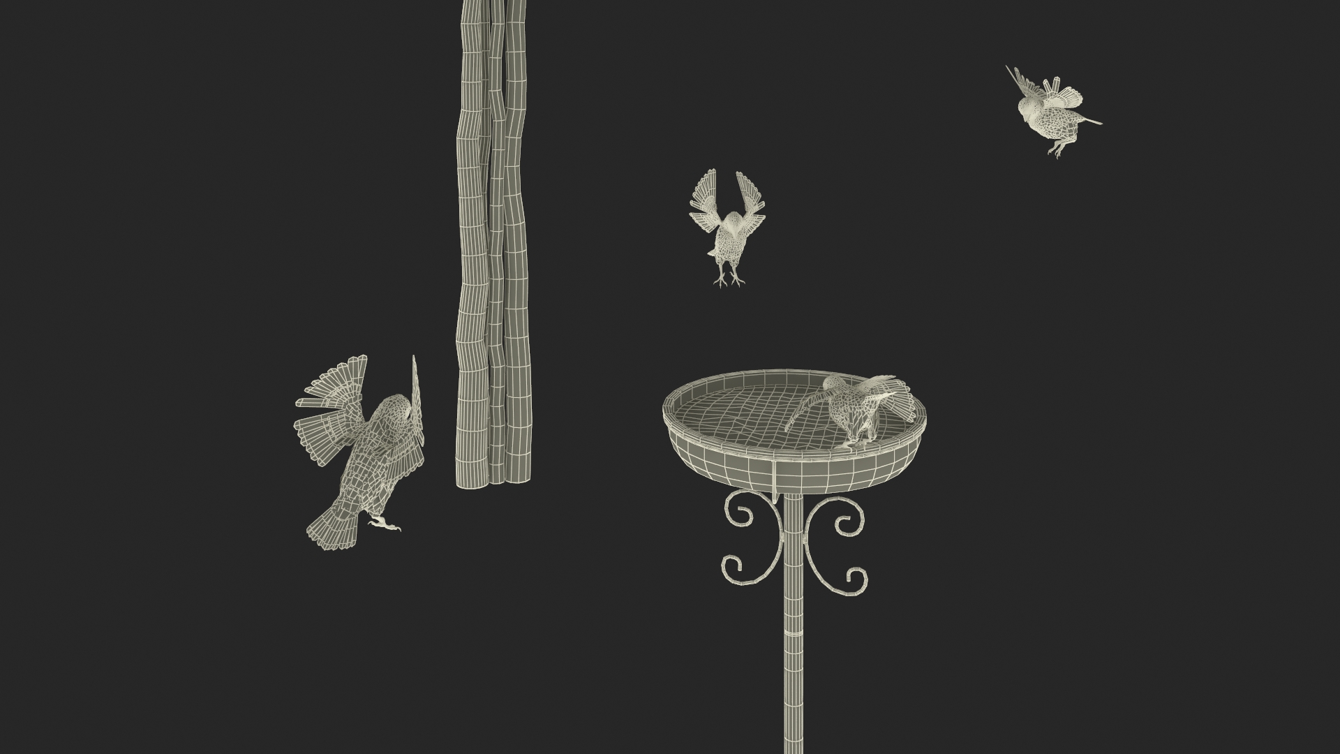 3D Birds Drink From A Birdbath In A Garden Gazebo