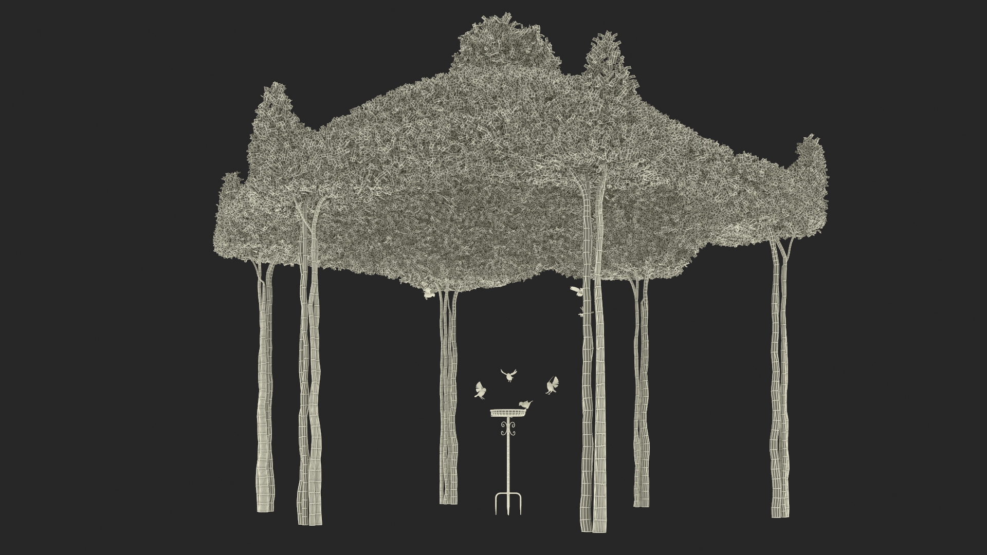 3D Birds Drink From A Birdbath In A Garden Gazebo