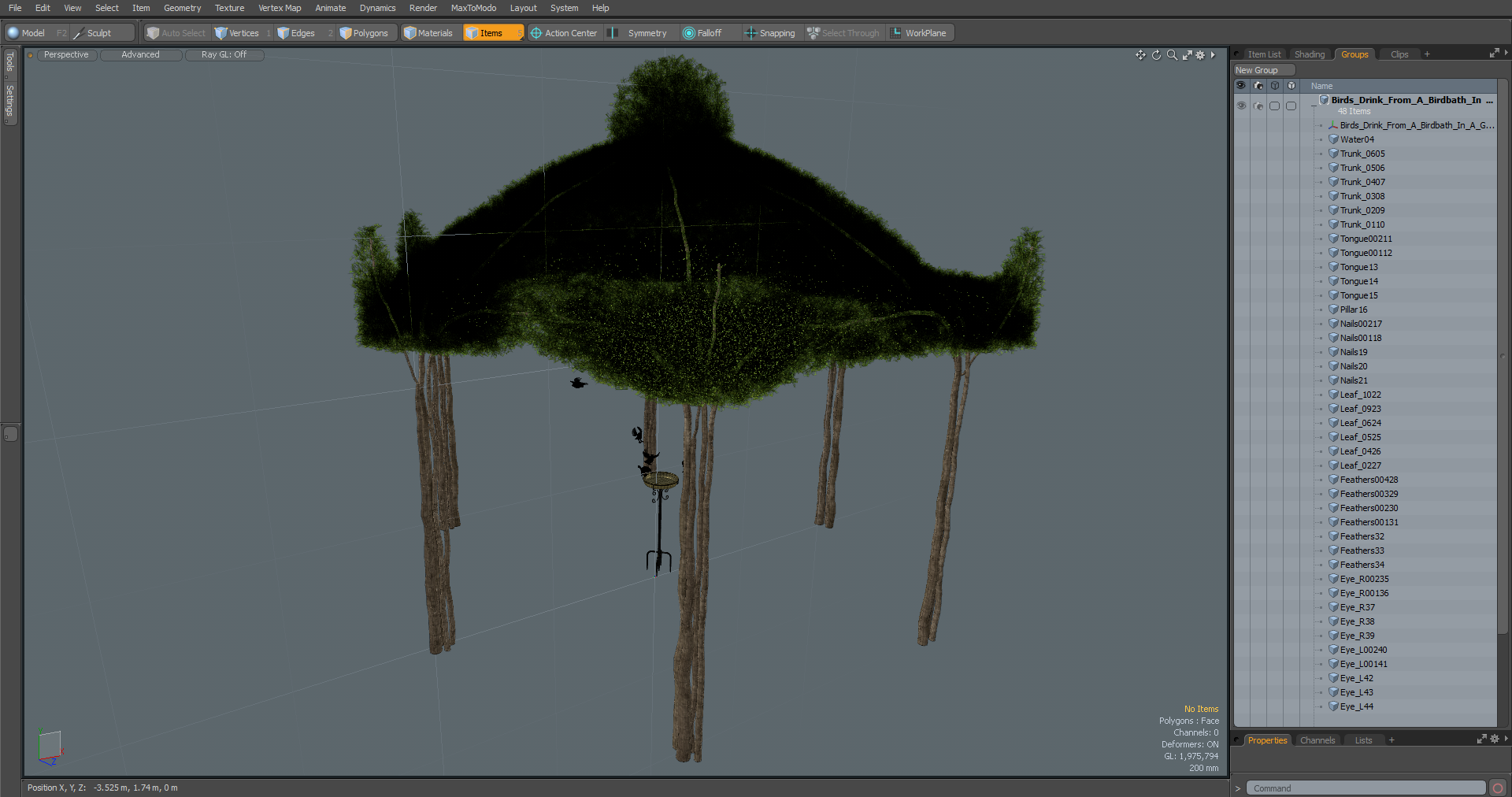 3D Birds Drink From A Birdbath In A Garden Gazebo