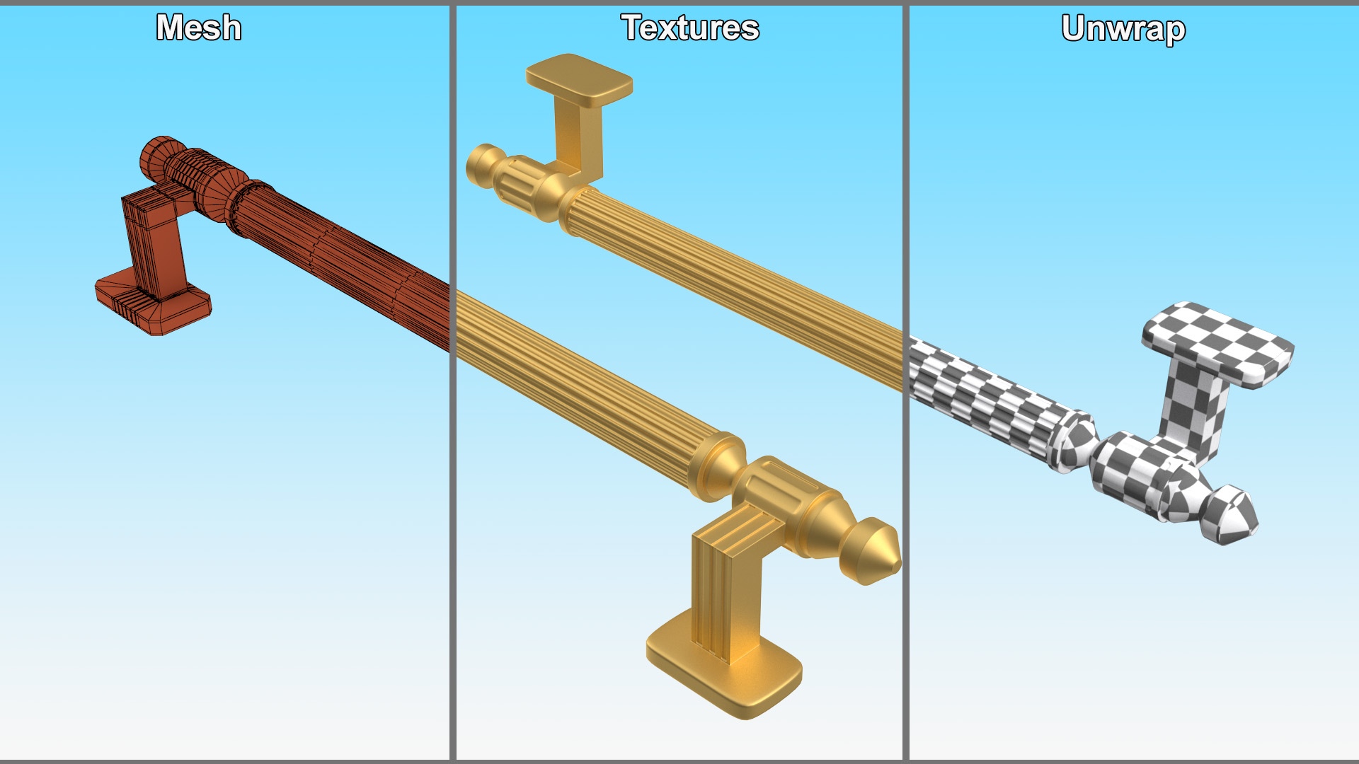 Door Handle Designer Ribbed Gold 3D