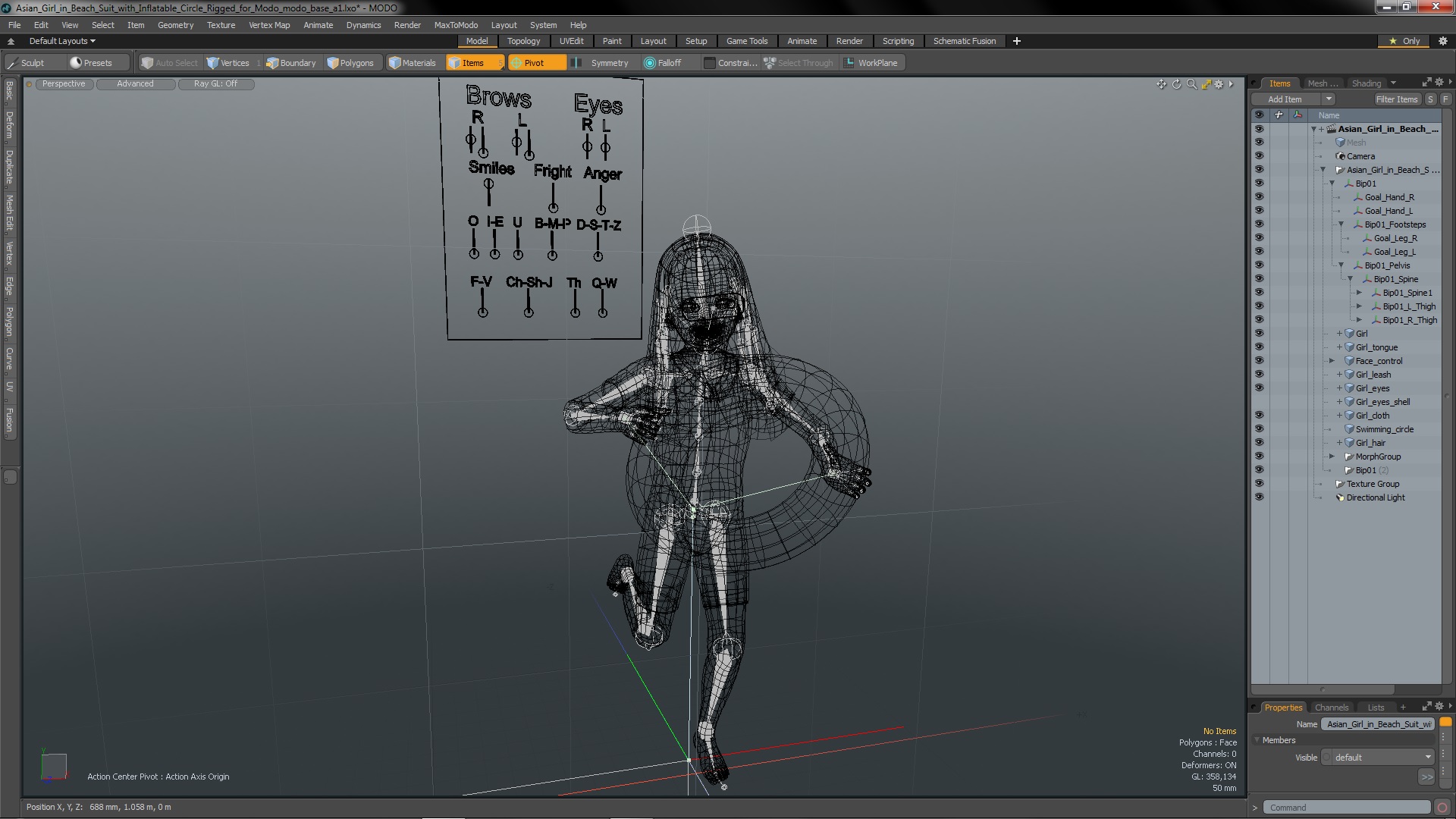 3D Asian Girl in Beach Suit with Inflatable Circle Rigged for Modo model
