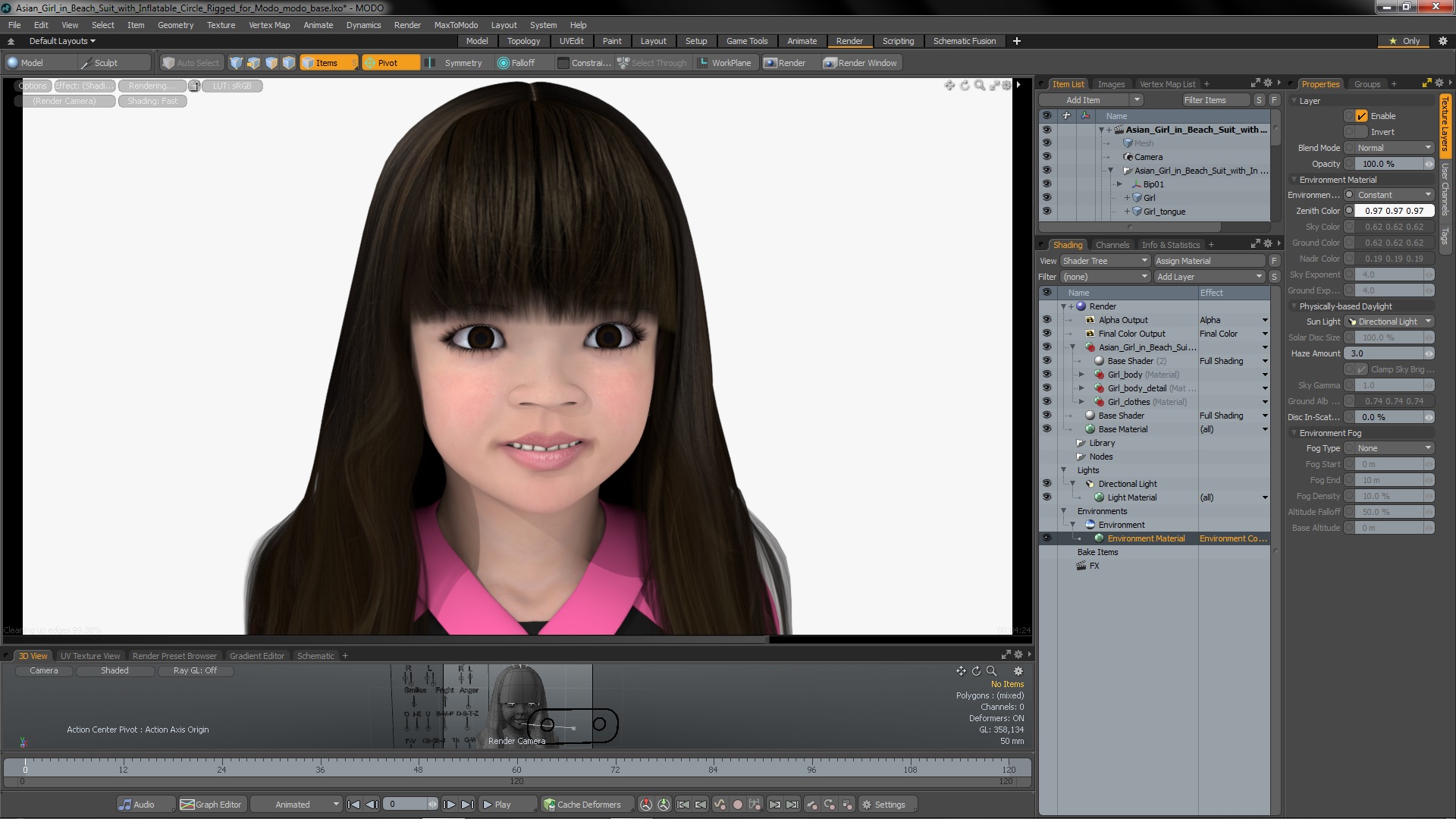 3D Asian Girl in Beach Suit with Inflatable Circle Rigged for Modo model