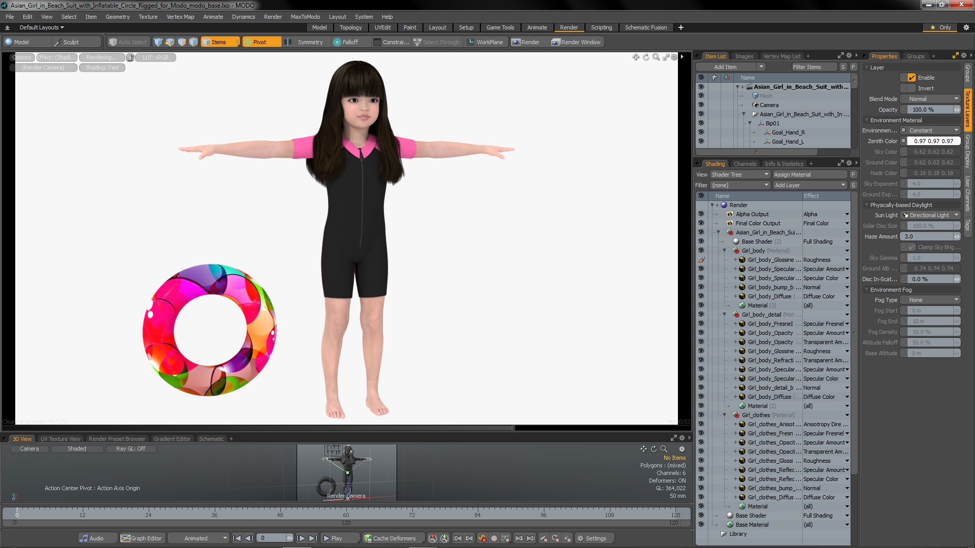 3D Asian Girl in Beach Suit with Inflatable Circle Rigged for Modo model