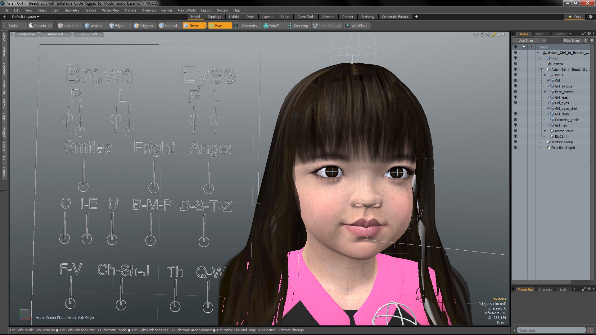 3D Asian Girl in Beach Suit with Inflatable Circle Rigged for Modo model