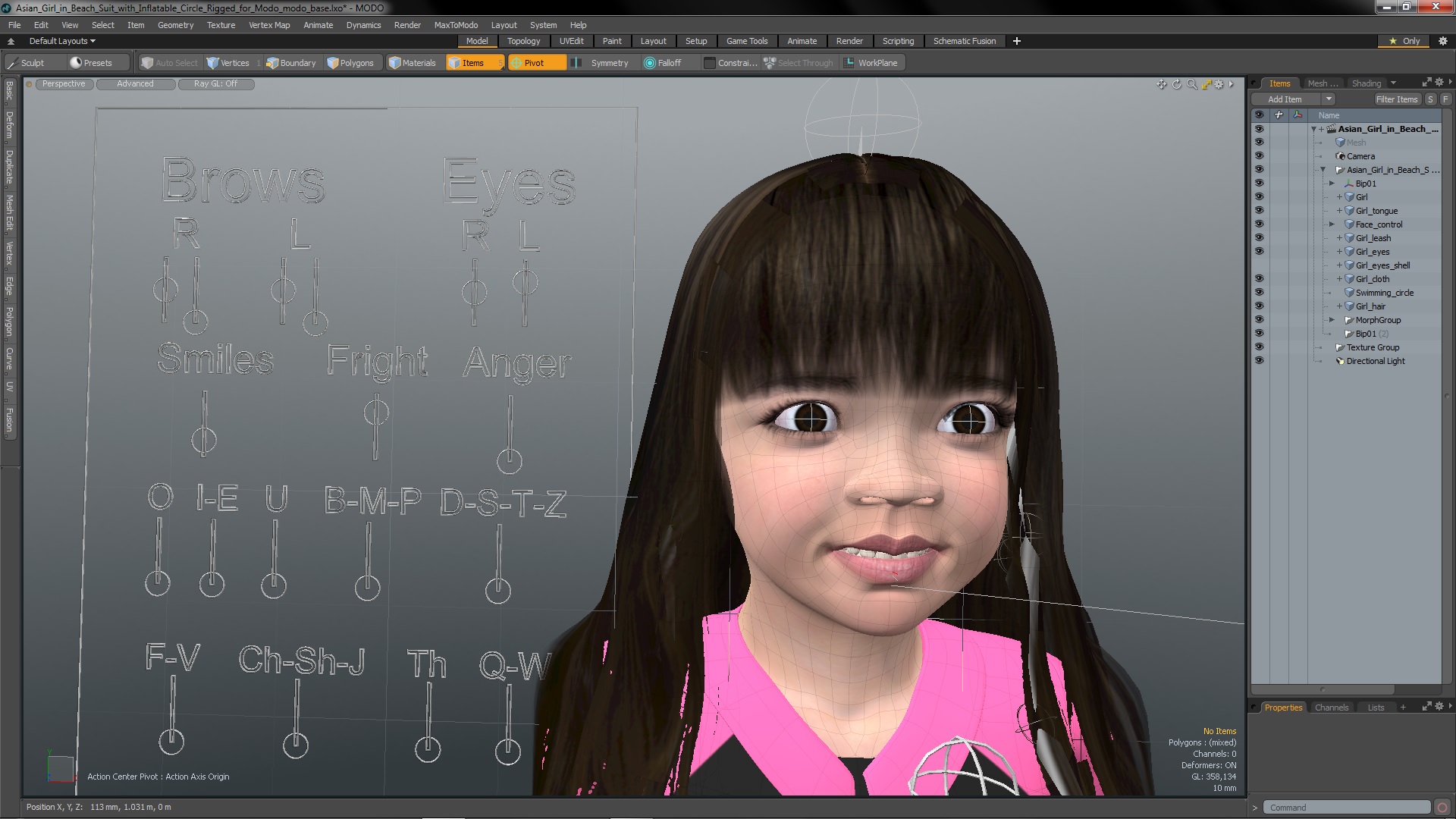 3D Asian Girl in Beach Suit with Inflatable Circle Rigged for Modo model