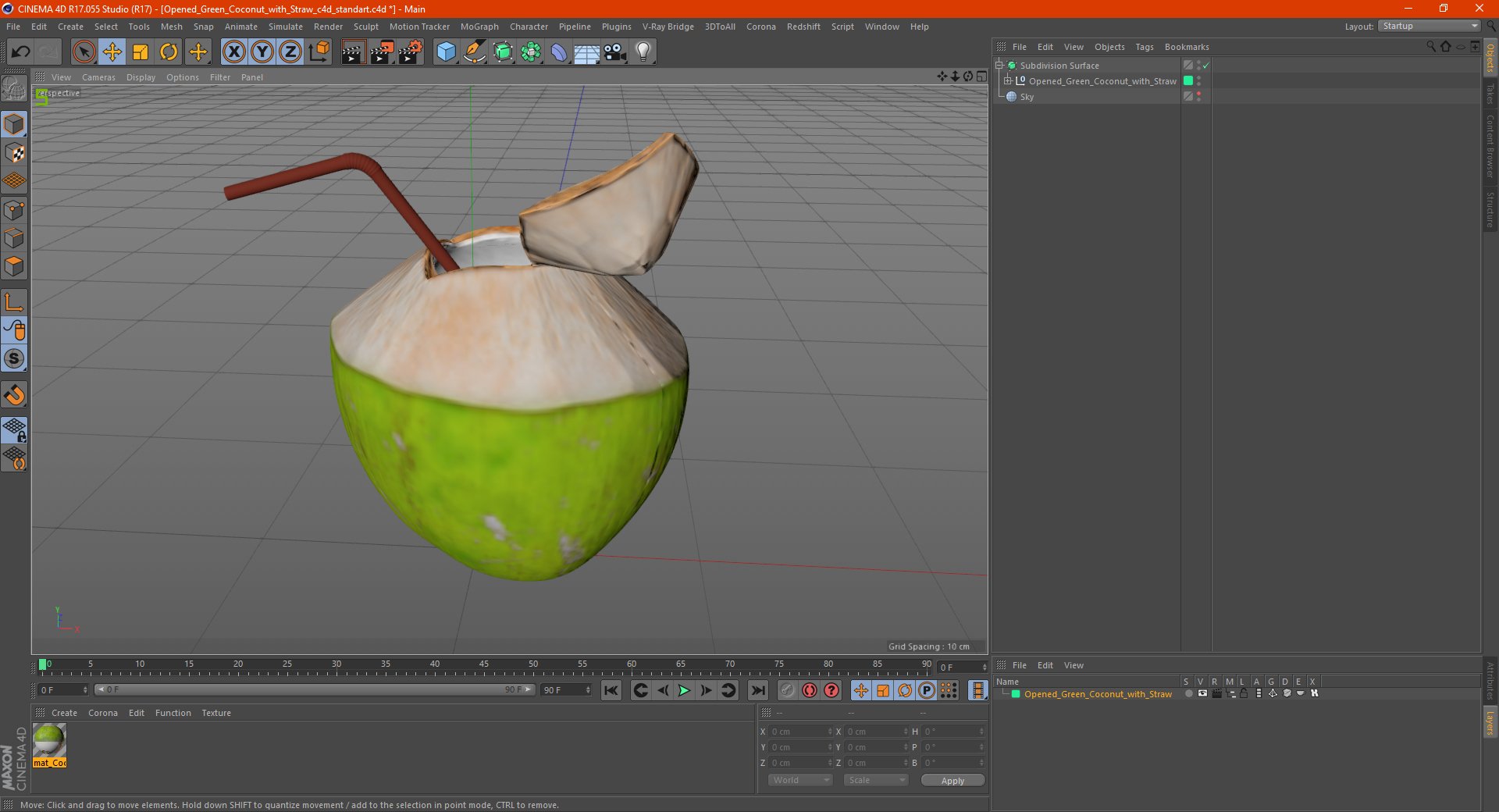 3D Opened Green Coconut with Straw