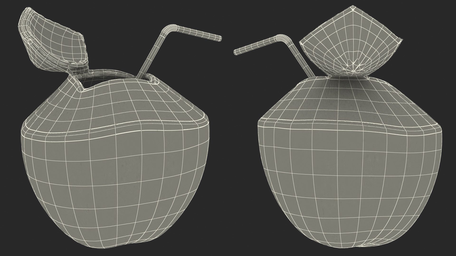 3D Opened Green Coconut with Straw