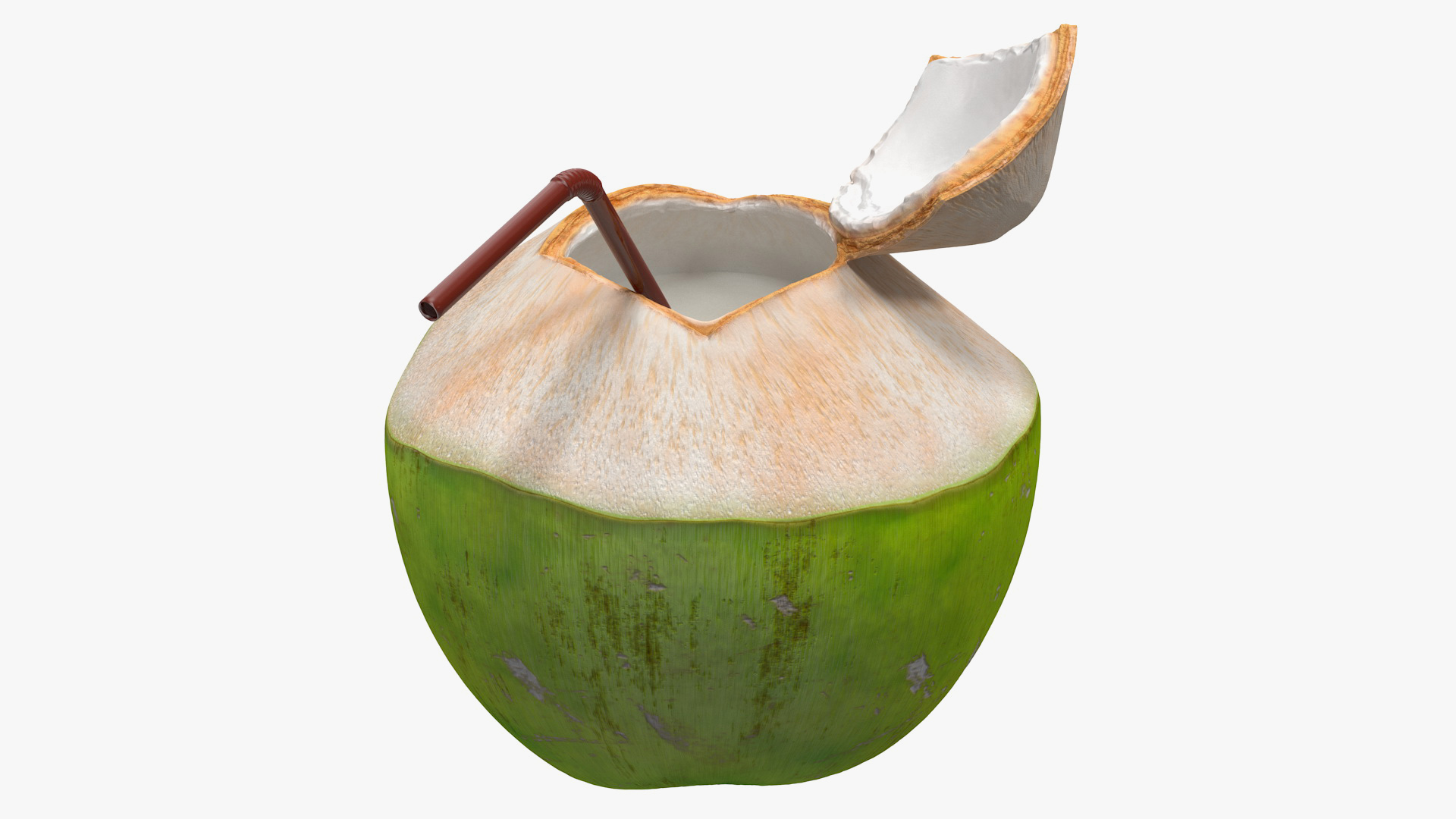 3D Opened Green Coconut with Straw