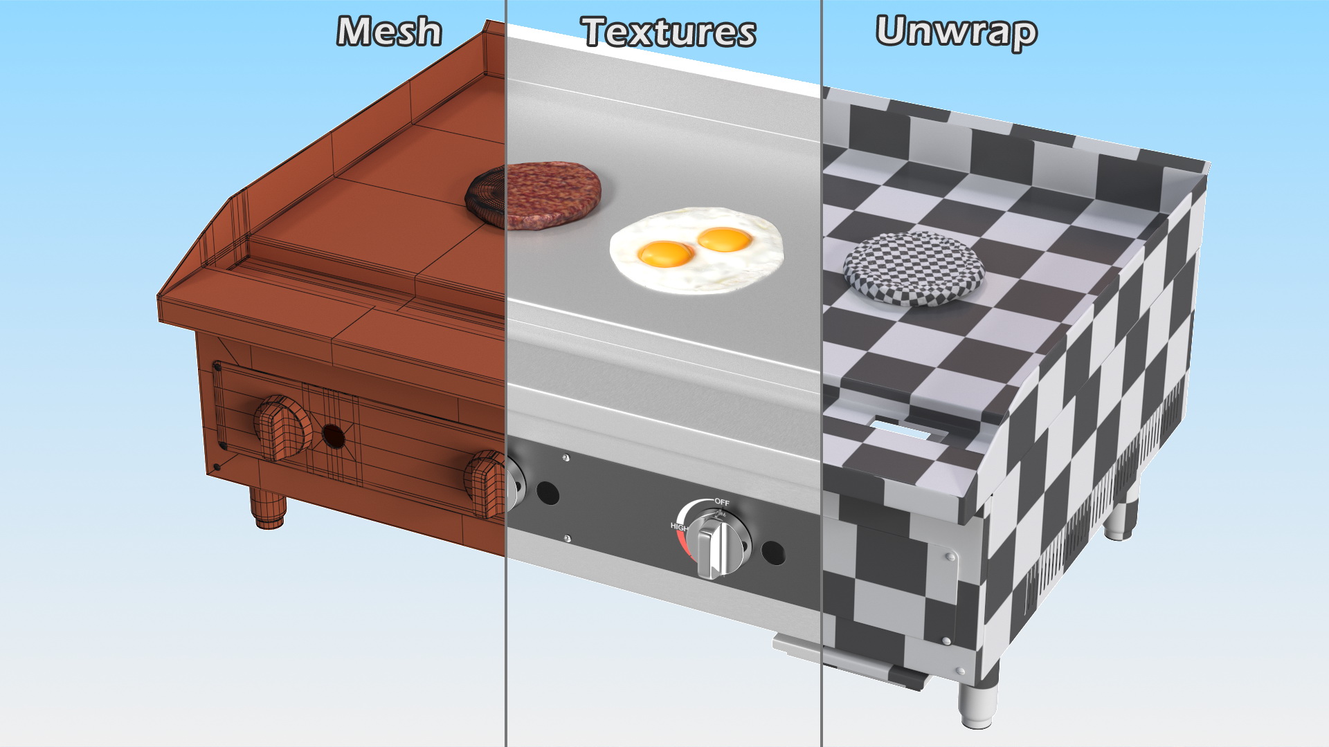 Medium Size Flat Top Gas Countertop Griddle with Meals 3D model