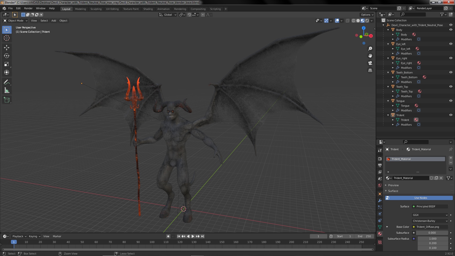 3D Devil Character with Trident Neutral Pose