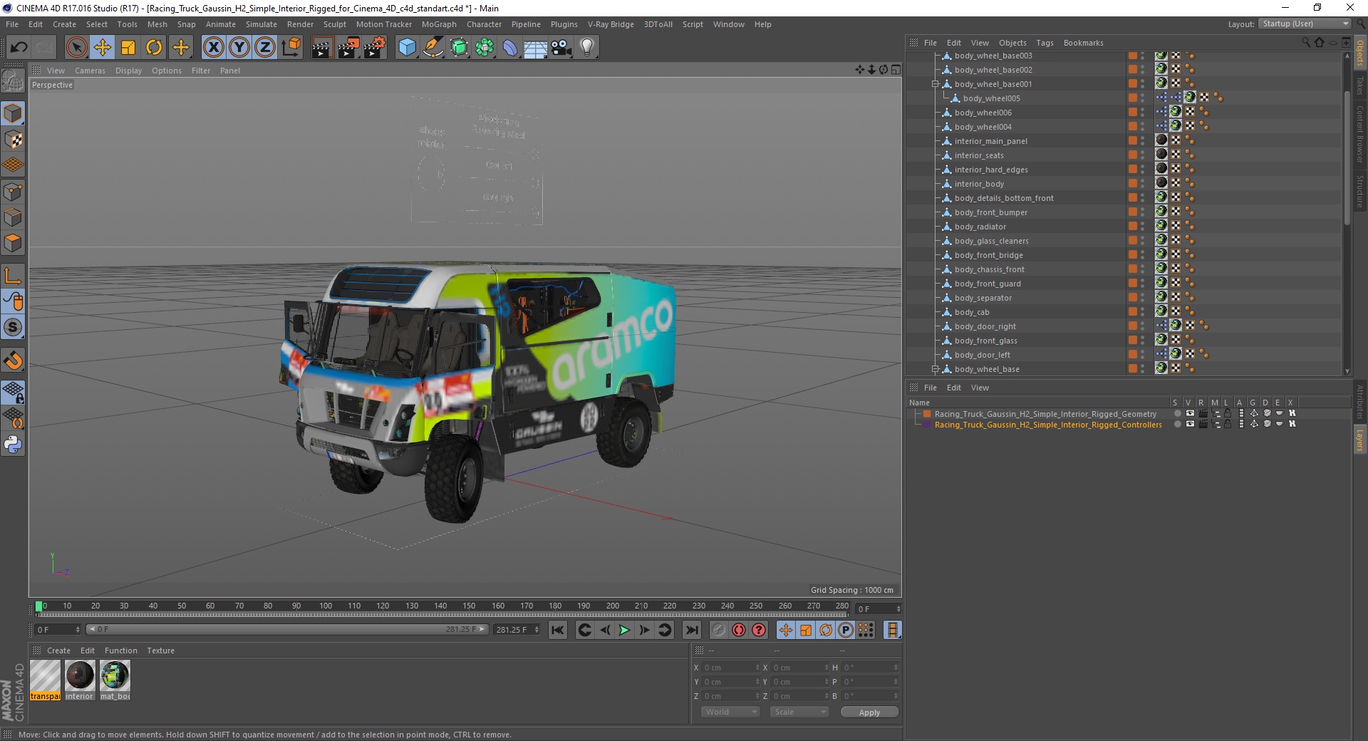 3D model Racing Truck Gaussin H2 Simple Interior Rigged for Cinema 4D