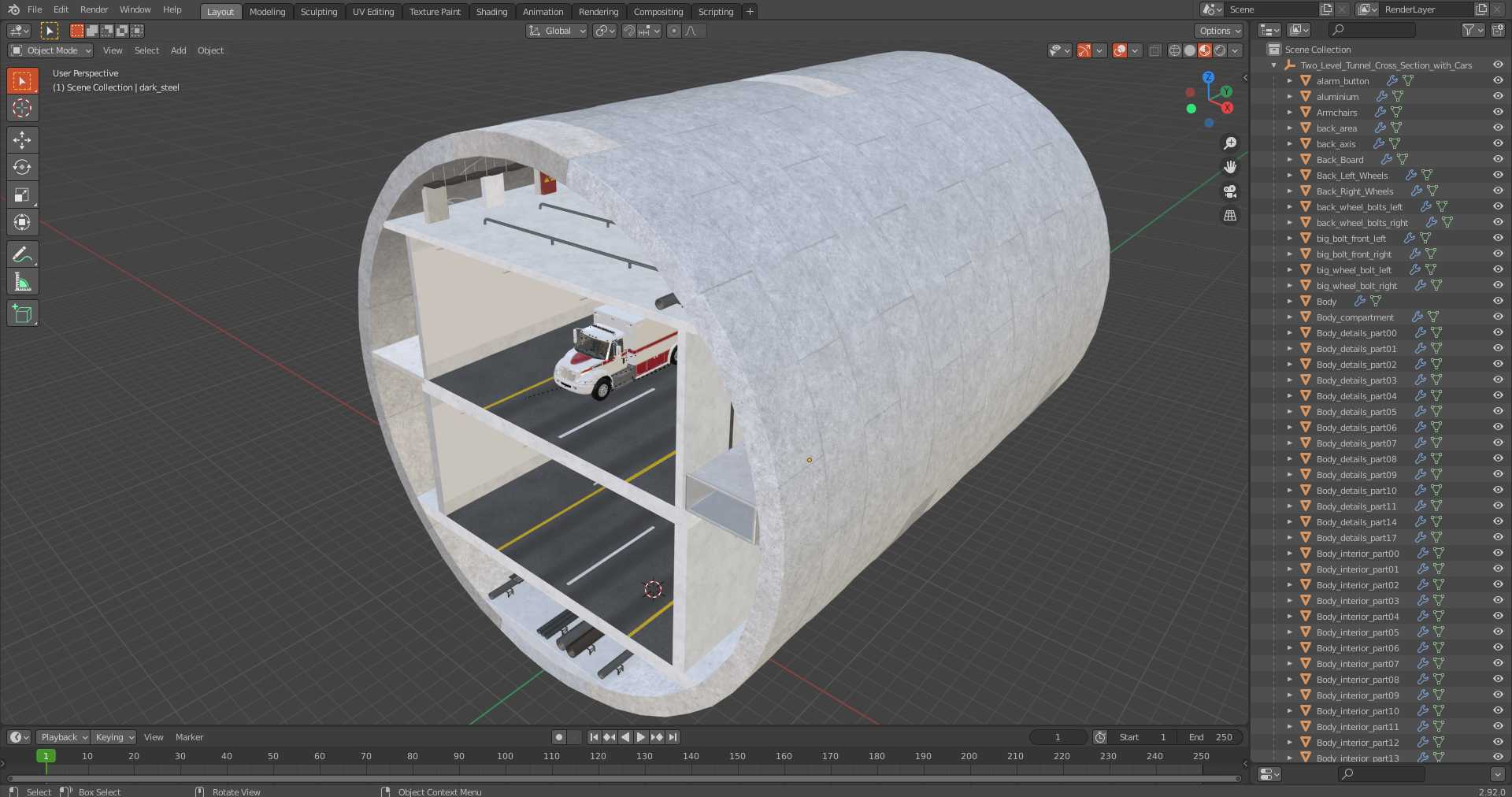 3D model Two Level Tunnel Cross Section with Cars