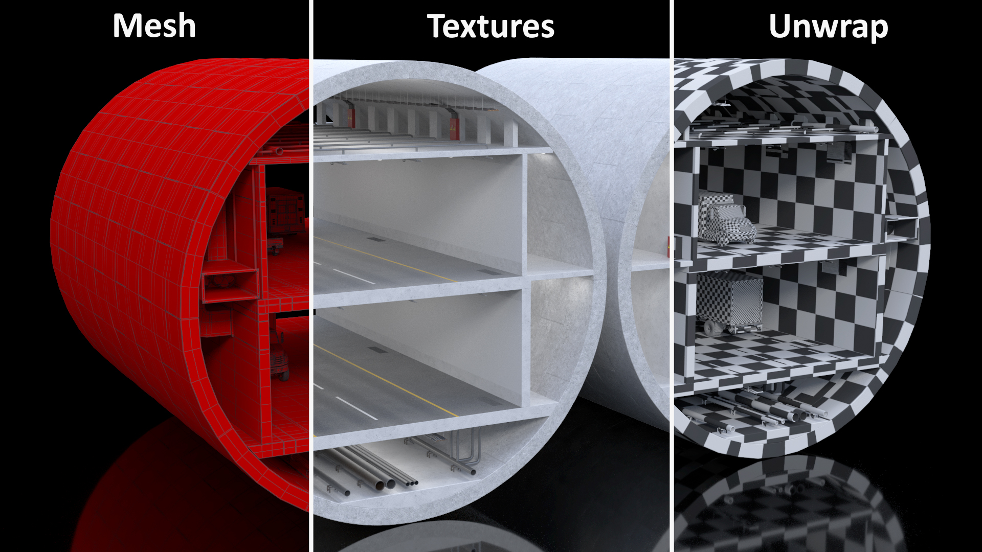 3D model Two Level Tunnel Cross Section with Cars