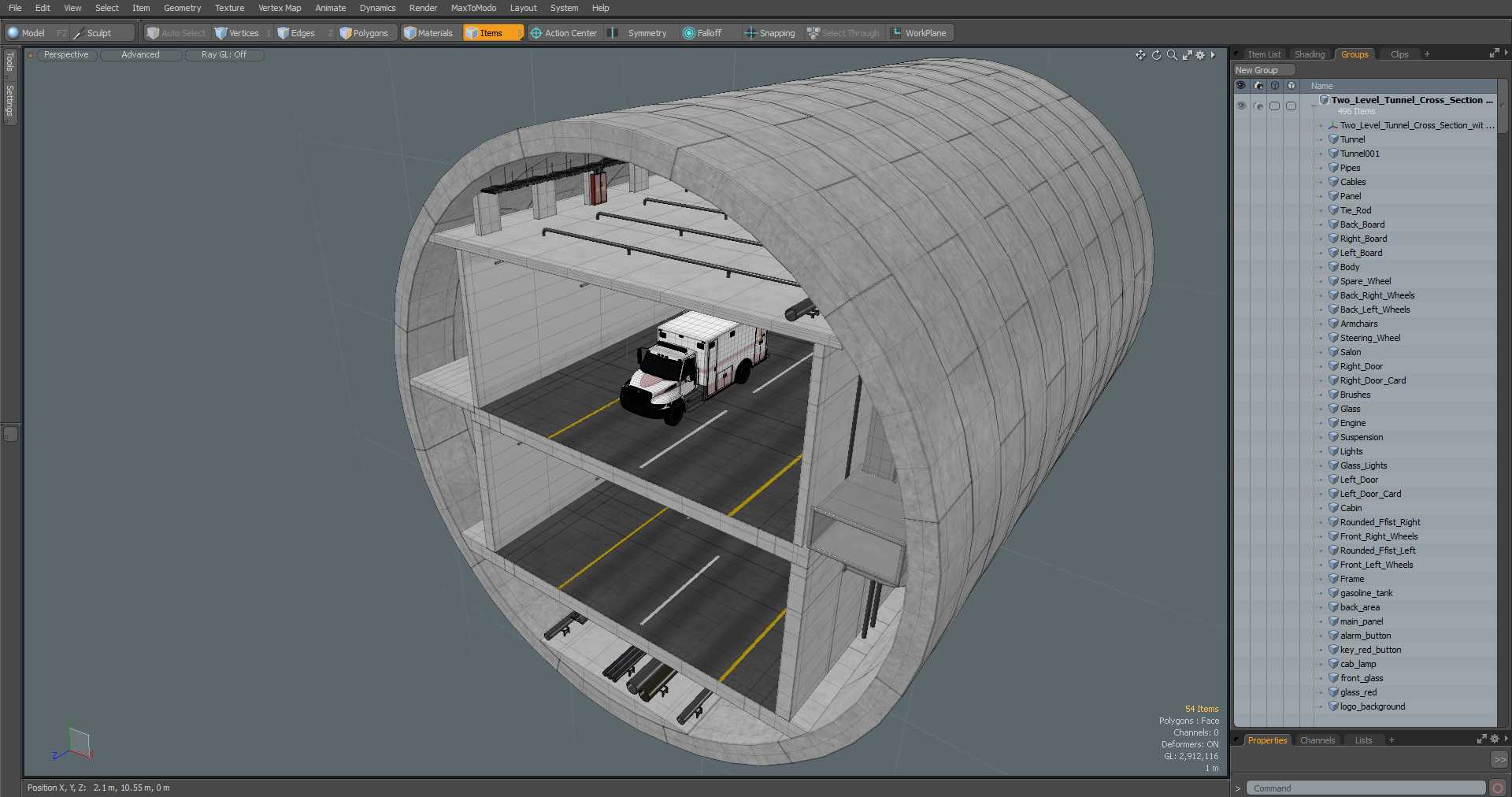 3D model Two Level Tunnel Cross Section with Cars
