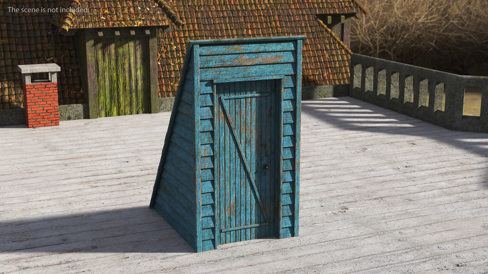 Old Wooden Rooftop Stair Exit Blue 3D model
