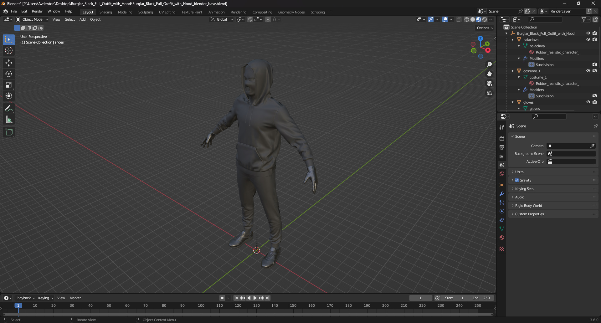 3D model Burglar Black Full Outfit with Hood