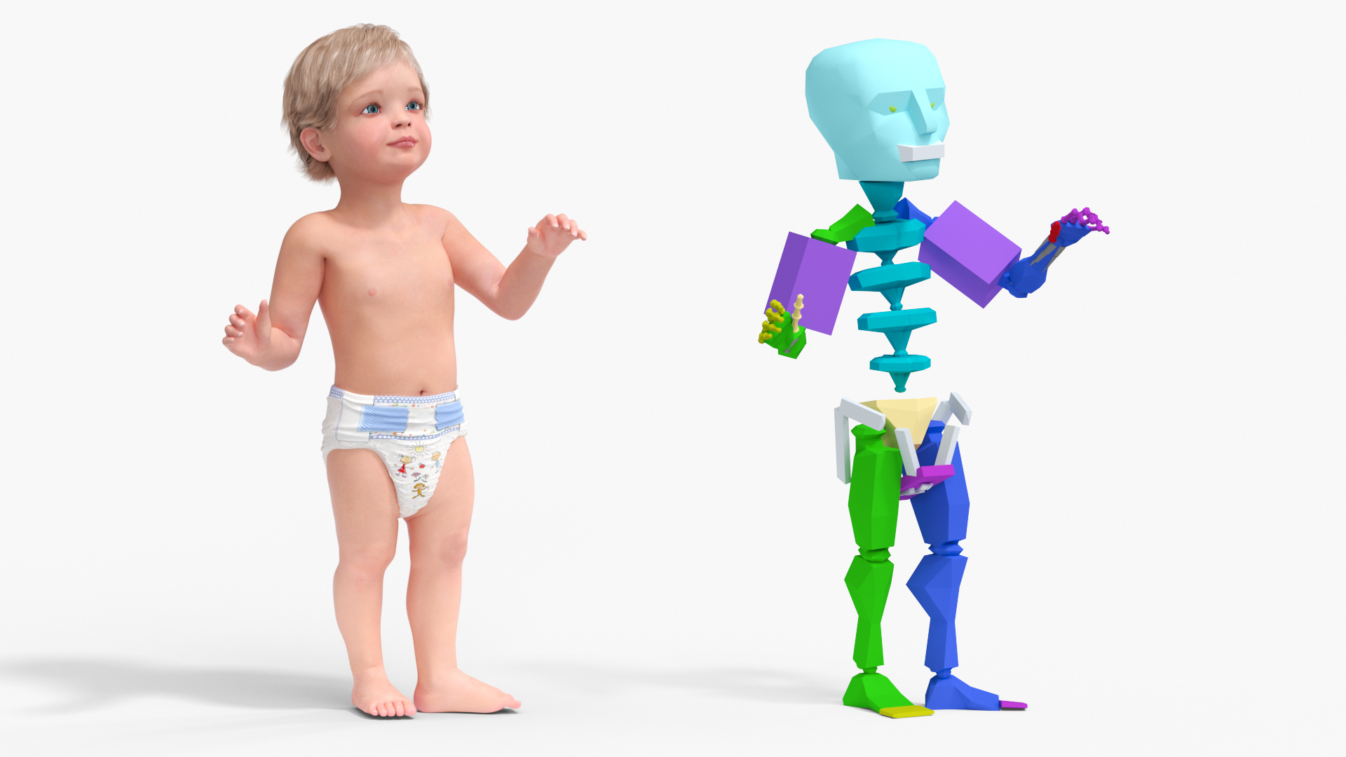 Boy Aged 1 Year in Diaper Rigged 3D
