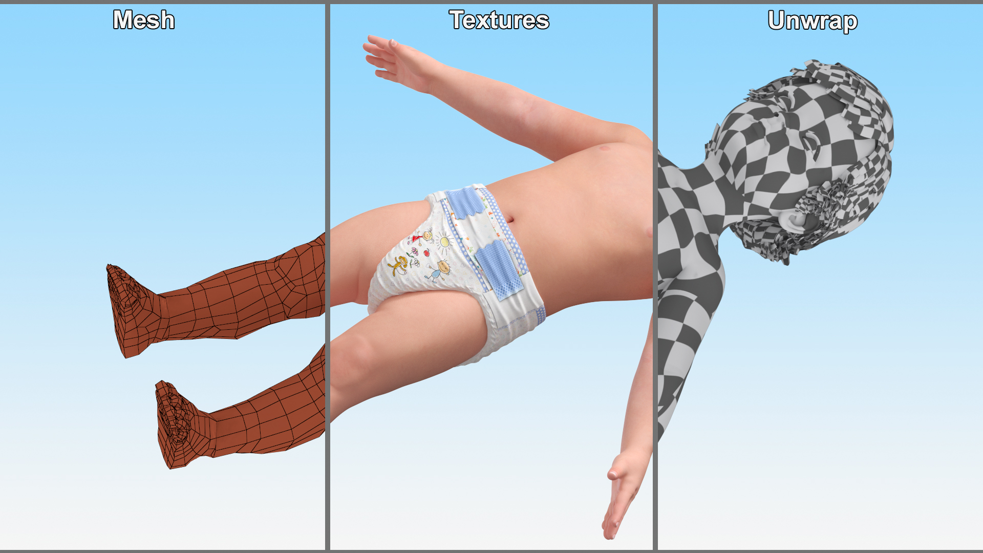 Boy Aged 1 Year in Diaper Rigged 3D