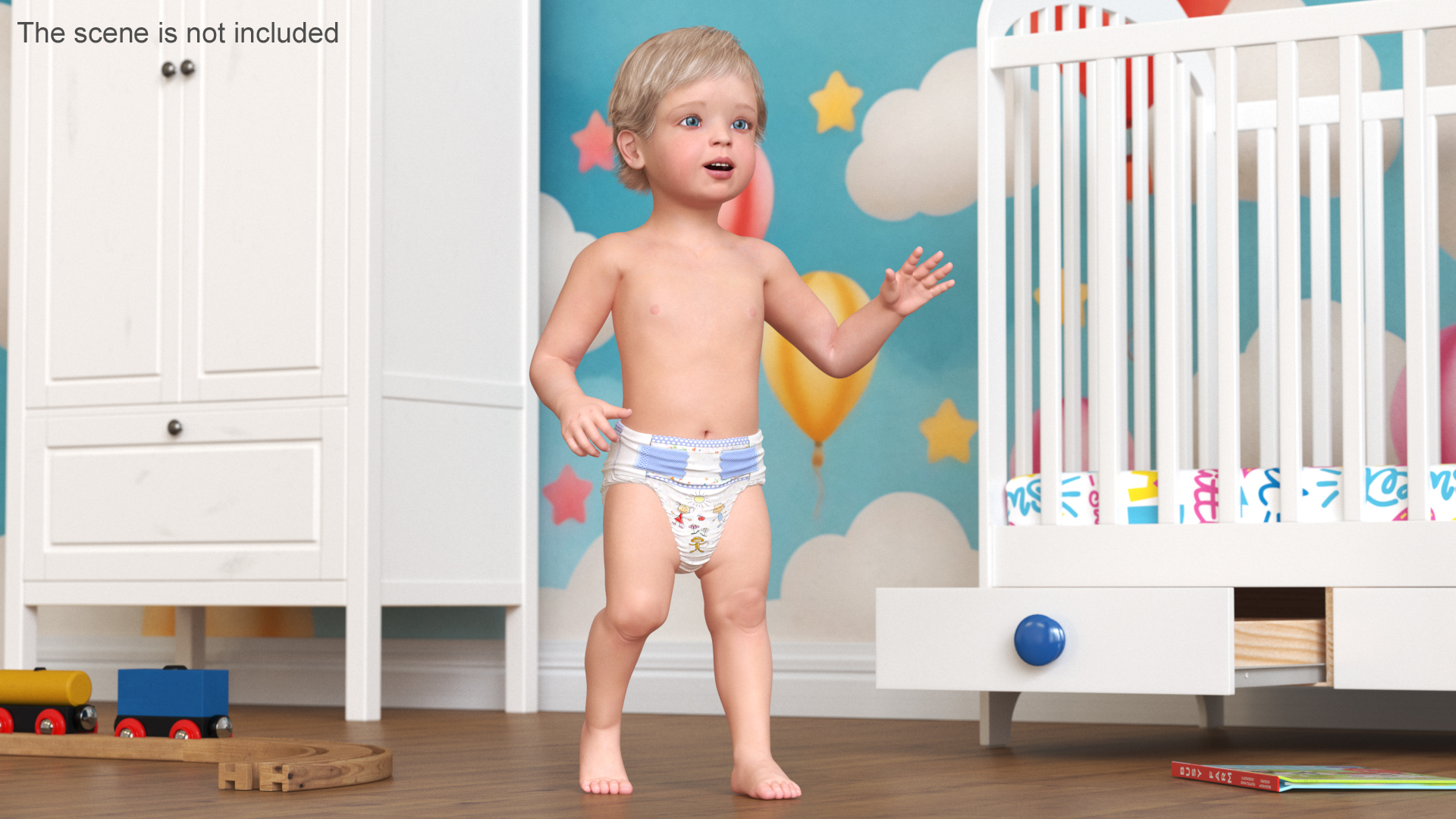 Boy Aged 1 Year in Diaper Rigged 3D
