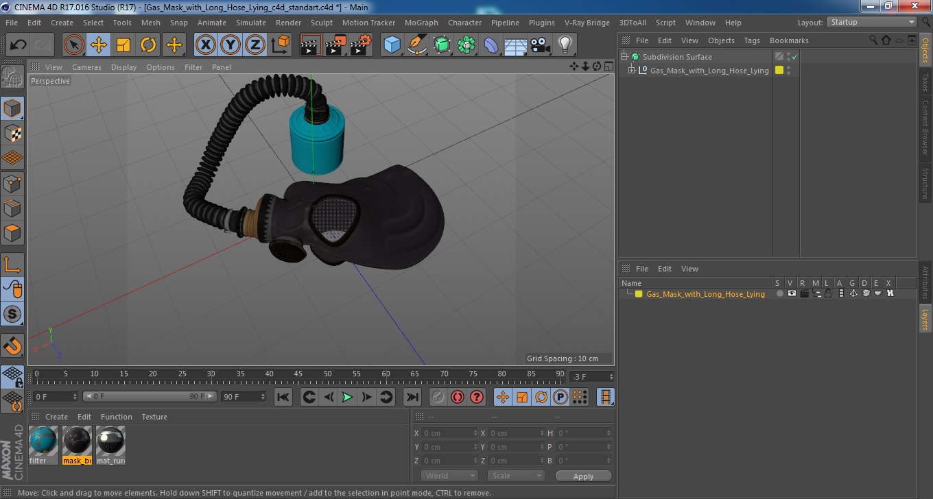 Gas Mask with Long Hose Lying 3D model