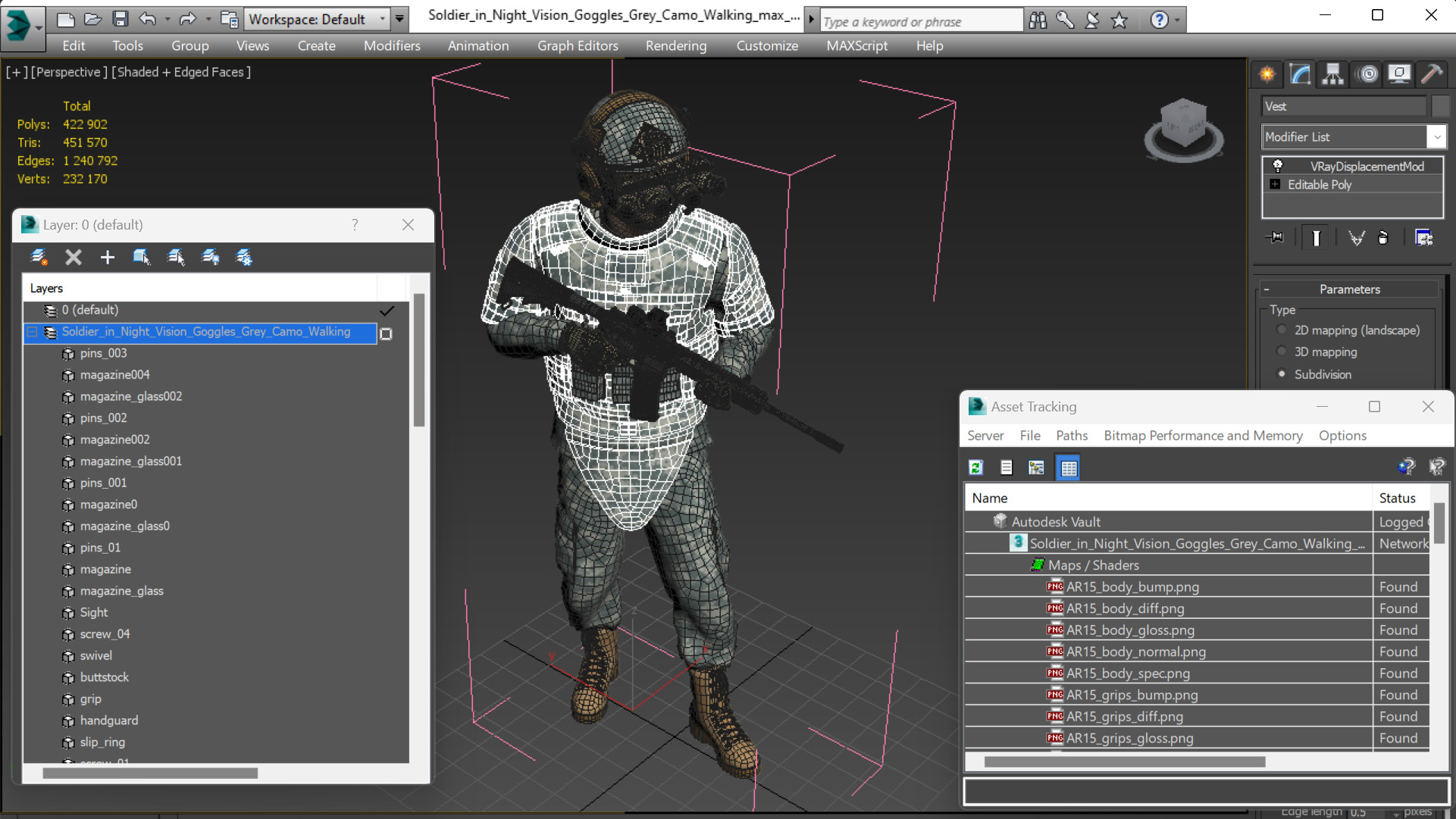 Soldier in Night Vision Goggles Grey Camo Walking 3D model