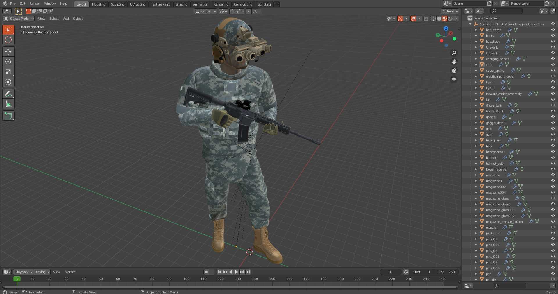 Soldier in Night Vision Goggles Grey Camo Walking 3D model
