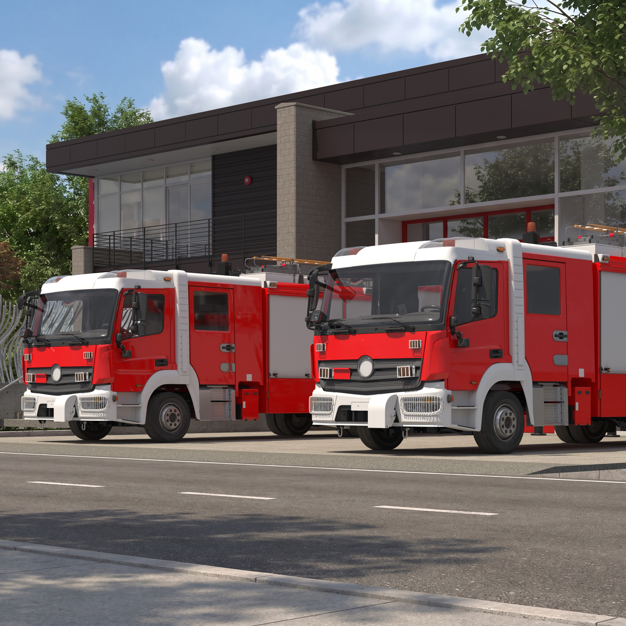 Fire Department Station with Fire Trucks 3D model preview