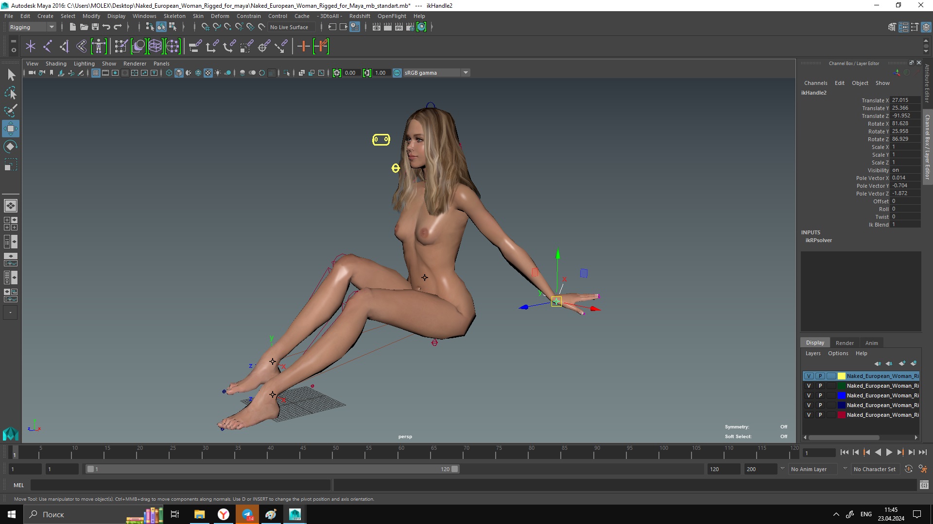3D Naked European Woman Rigged for Maya