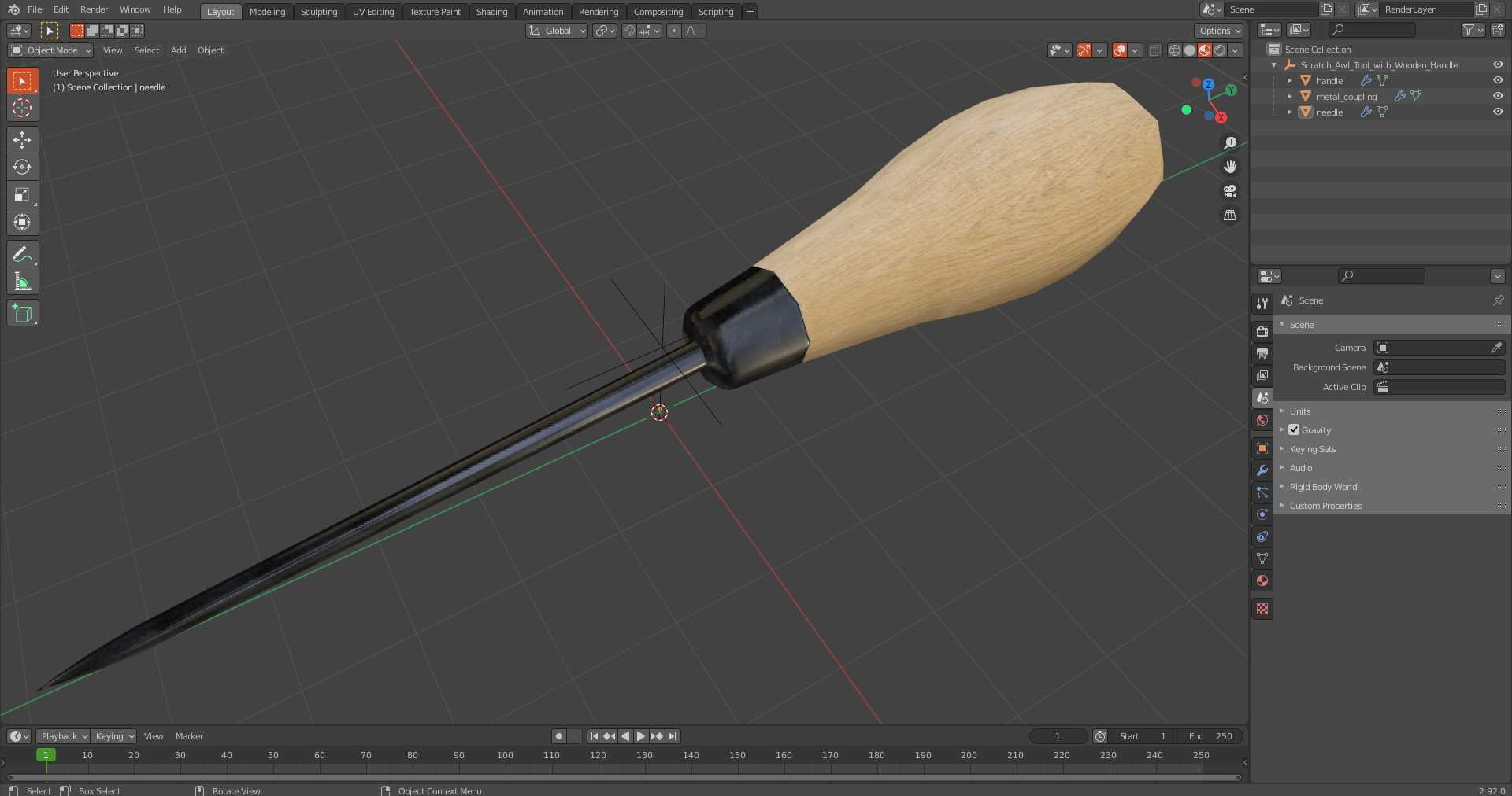3D model Scratch Awl Tool with Wooden Handle