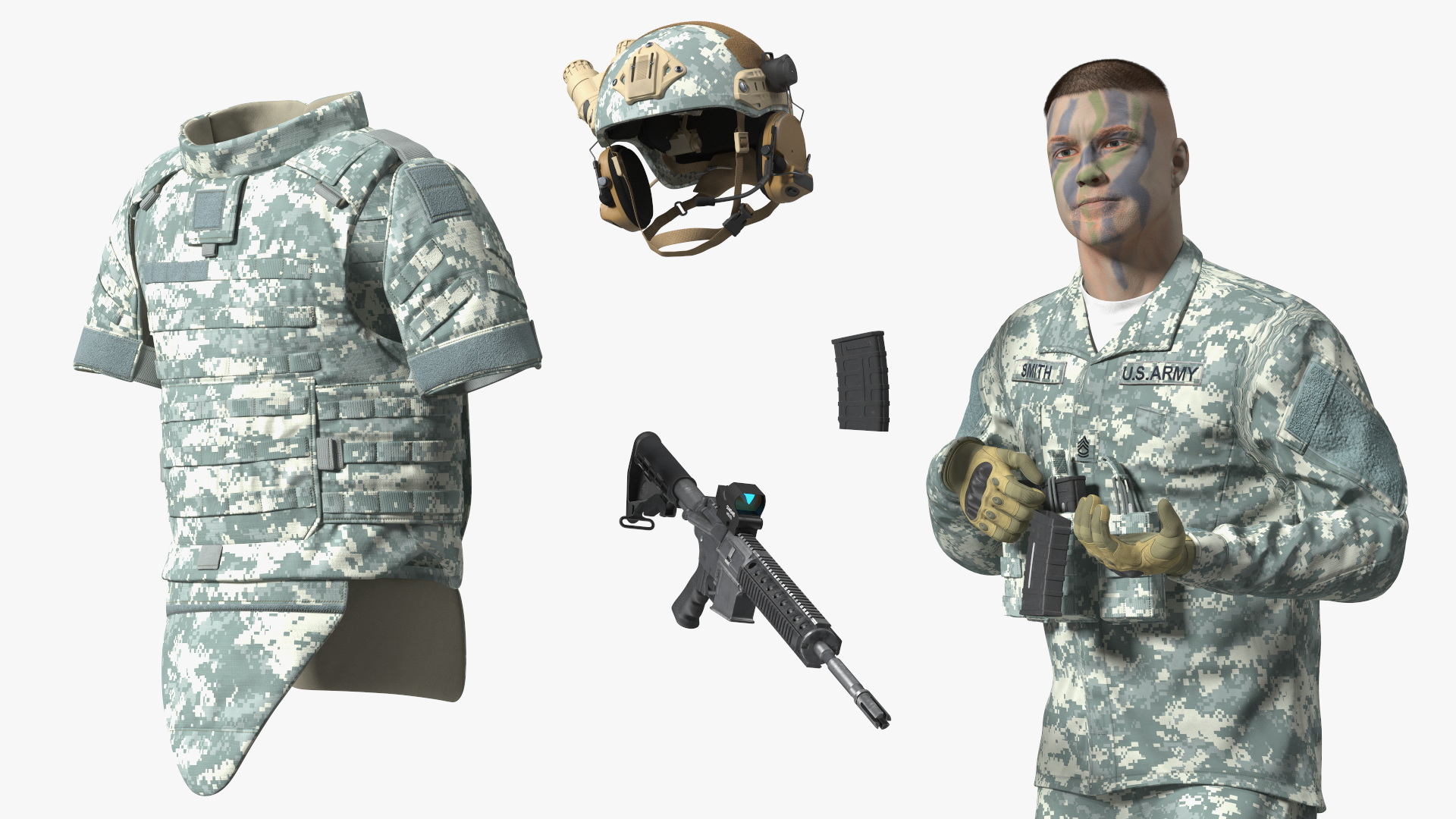 3D Soldier in Night Vision Goggles Grey Camo Walking Fur model