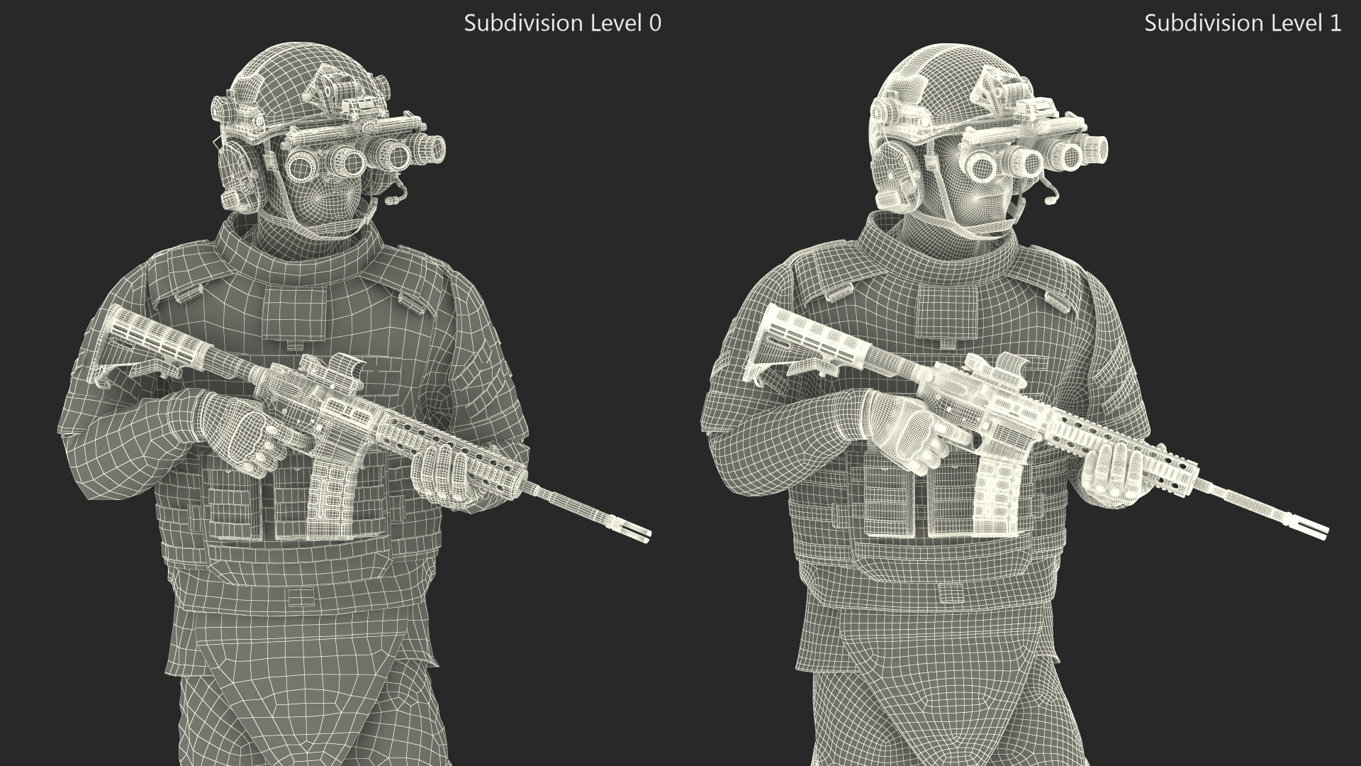 3D Soldier in Night Vision Goggles Grey Camo Walking Fur model