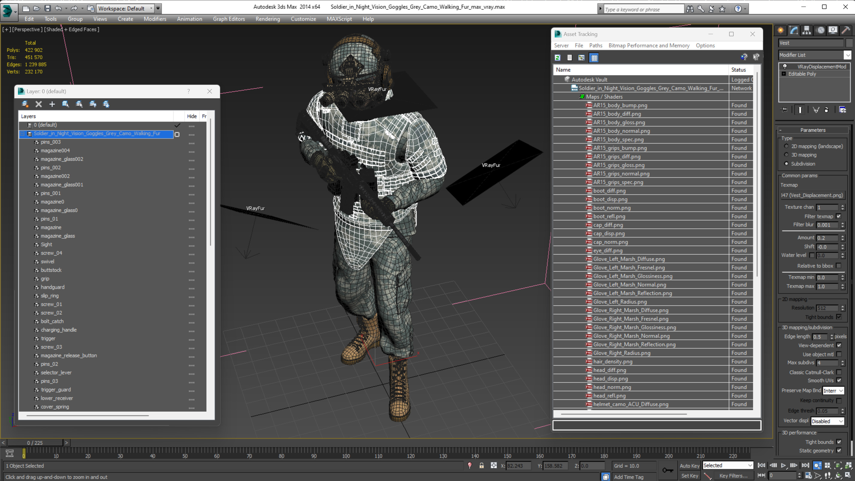 3D Soldier in Night Vision Goggles Grey Camo Walking Fur model