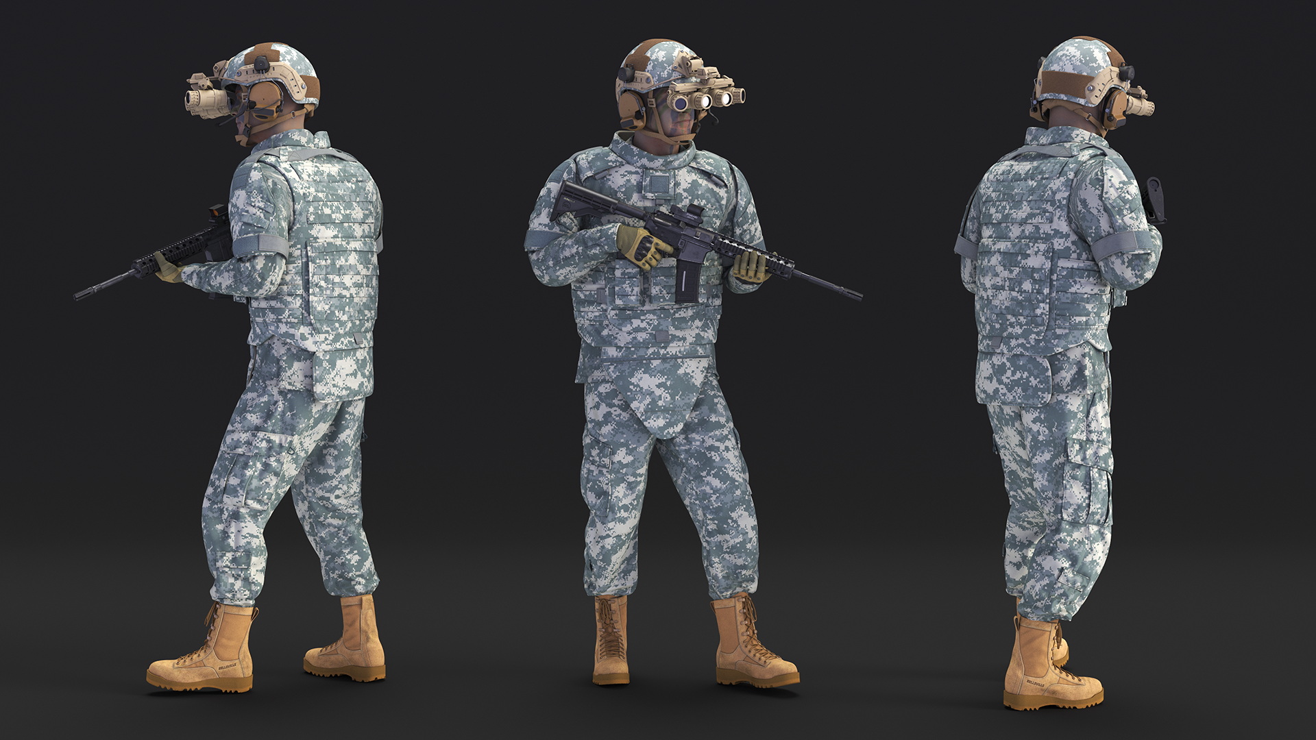3D Soldier in Night Vision Goggles Grey Camo Walking Fur model