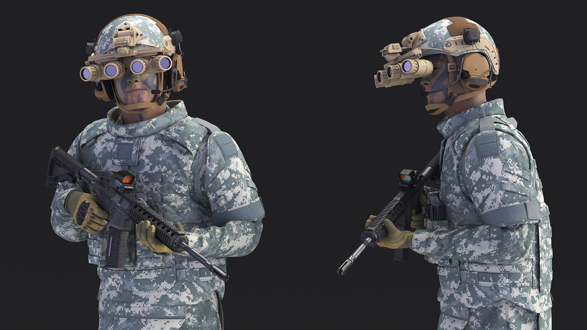 3D Soldier in Night Vision Goggles Grey Camo Walking Fur model