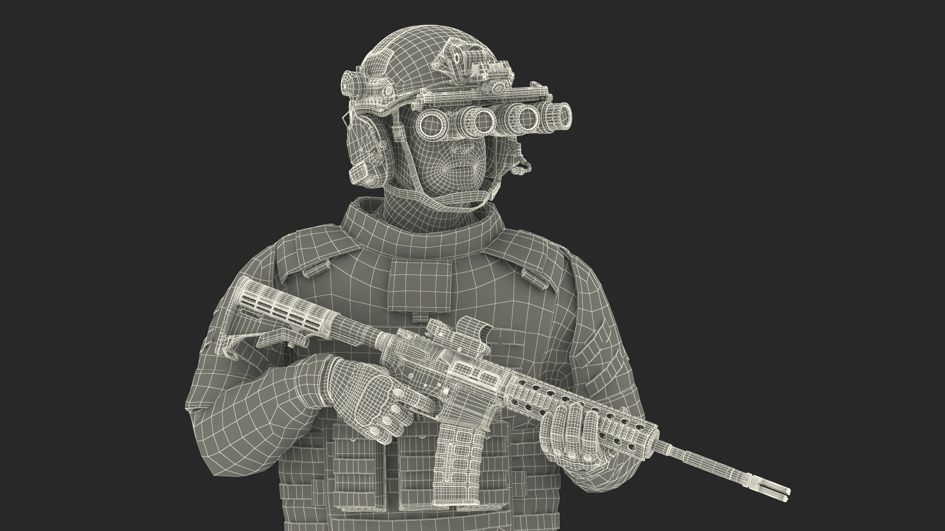 3D Soldier in Night Vision Goggles Grey Camo Walking Fur model