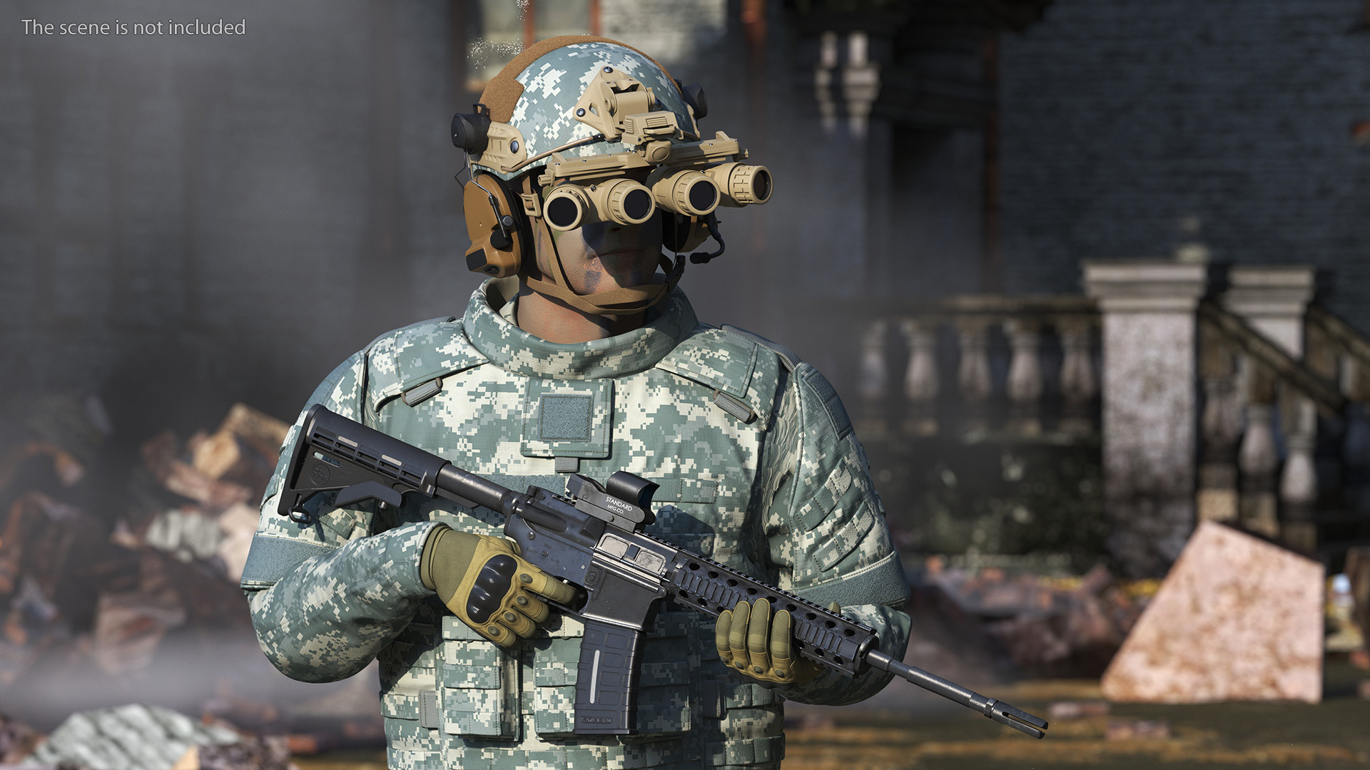 3D Soldier in Night Vision Goggles Grey Camo Walking Fur model