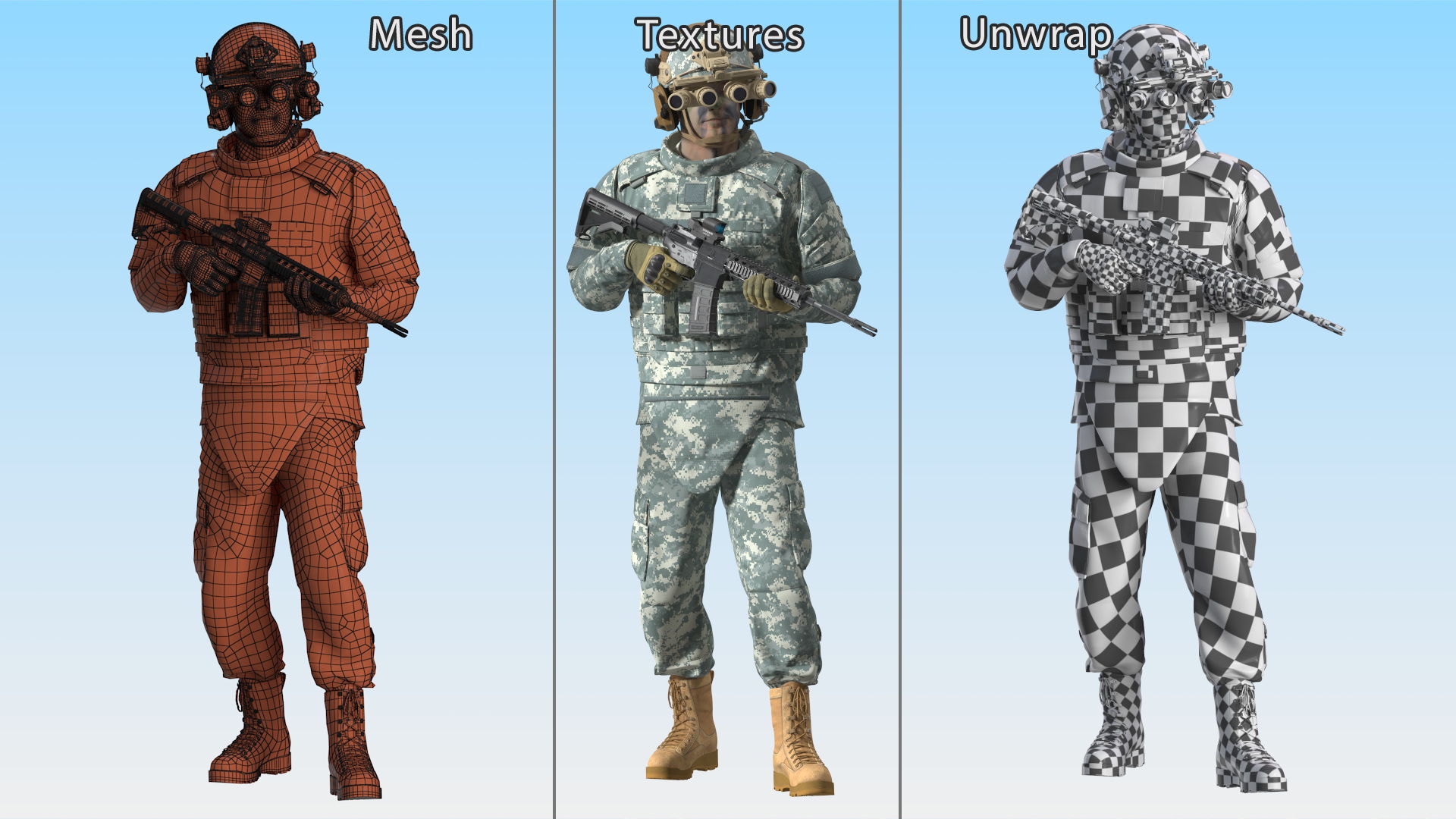 3D Soldier in Night Vision Goggles Grey Camo Walking Fur model