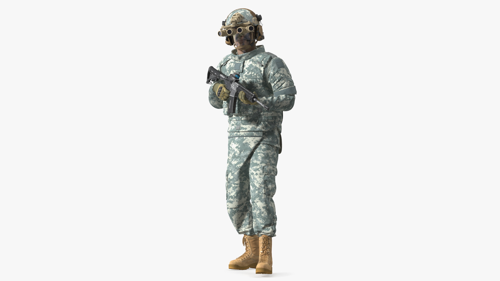 3D Soldier in Night Vision Goggles Grey Camo Walking Fur model